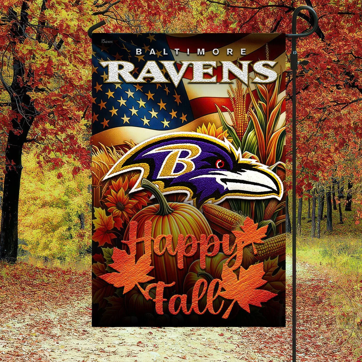 Baltimore Ravens American Flag Happy Fall Garden Flag