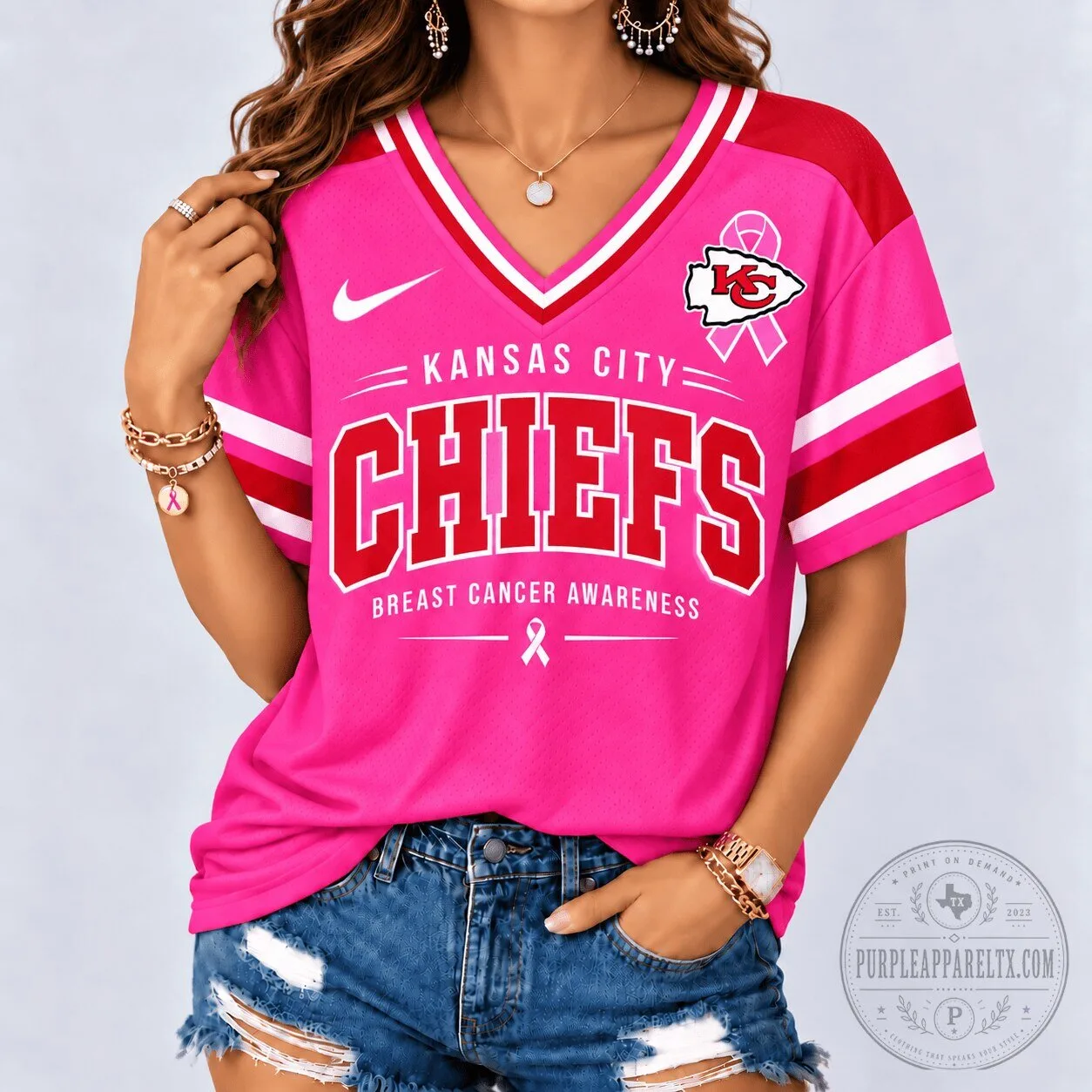 Kansas City Chiefs Pink Breast Cancer Awareness Football Jersey for Women