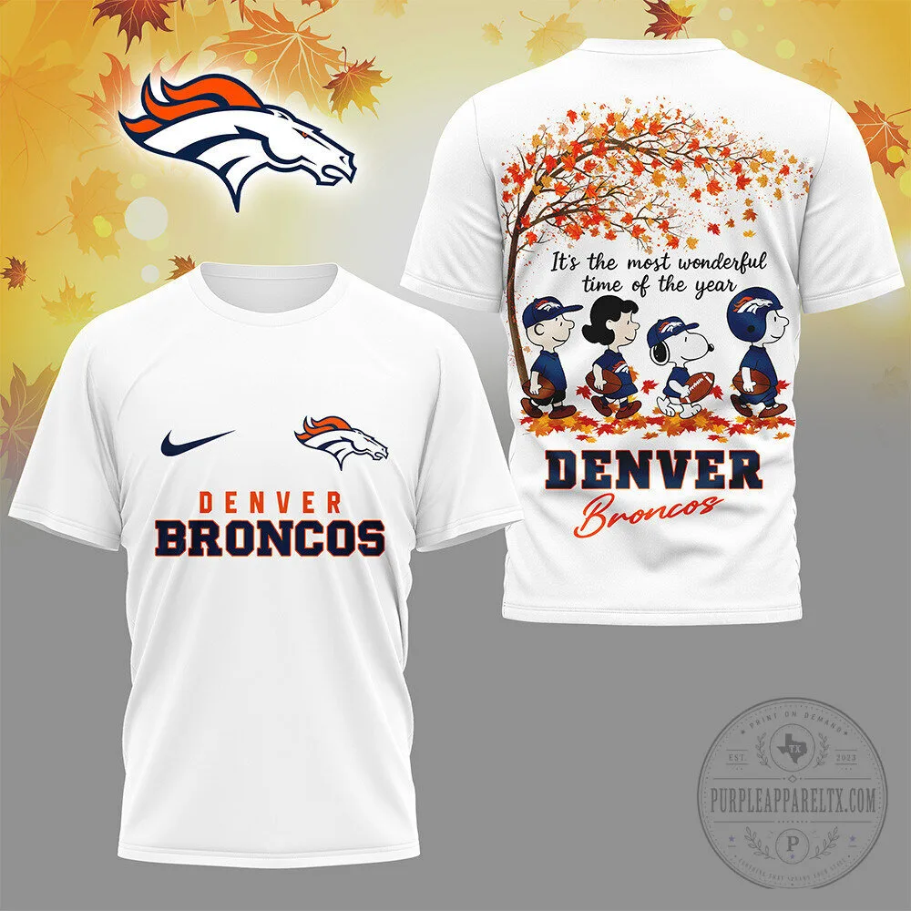 Denver Broncos Peanuts Snoopy Autumn Football Fan White Short-Sleeve T-Shirt