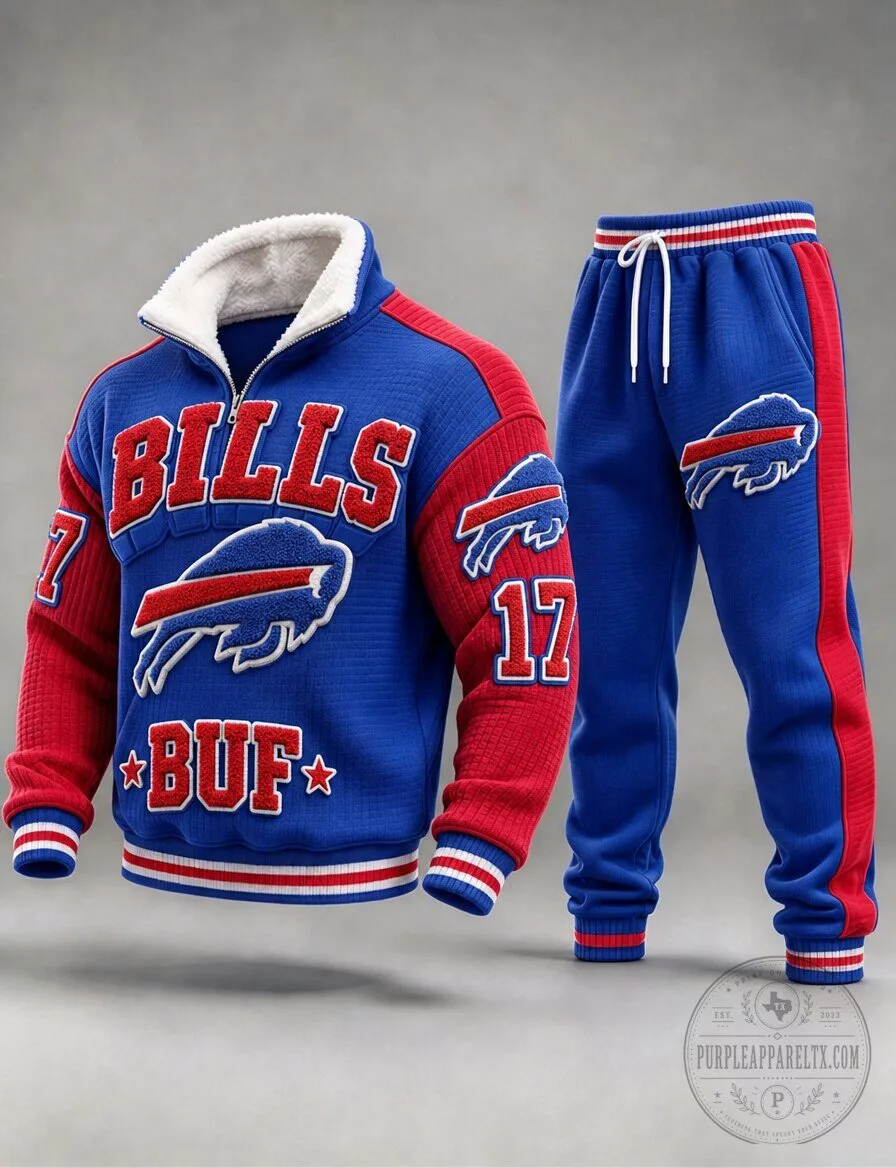 Buffalo Bills Football Team Blue and Red Half-Zip Sweatshirt and Sweatpants Set