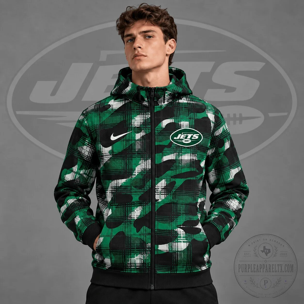 New York Jets Plaid Camouflage Full Zip Hooded Sweatshirt 2 New York Jets Plaid Camouflage Full Zip Hooded Sweatshirt