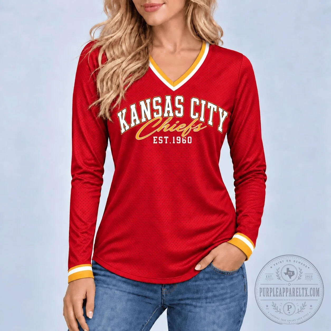 Kansas City Chiefs Established 1960 Red Long Sleeve V-Neck Shirt for Women