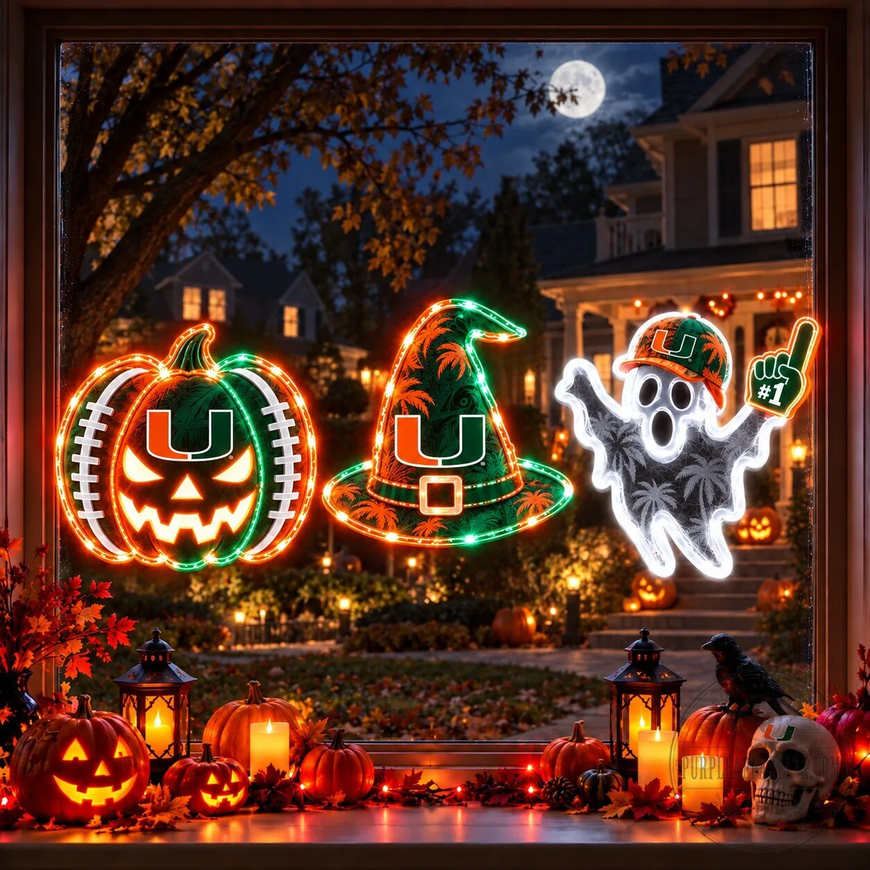 Miami Hurricanes Halloween Pumpkin Witch Hat Ghost Window Lights