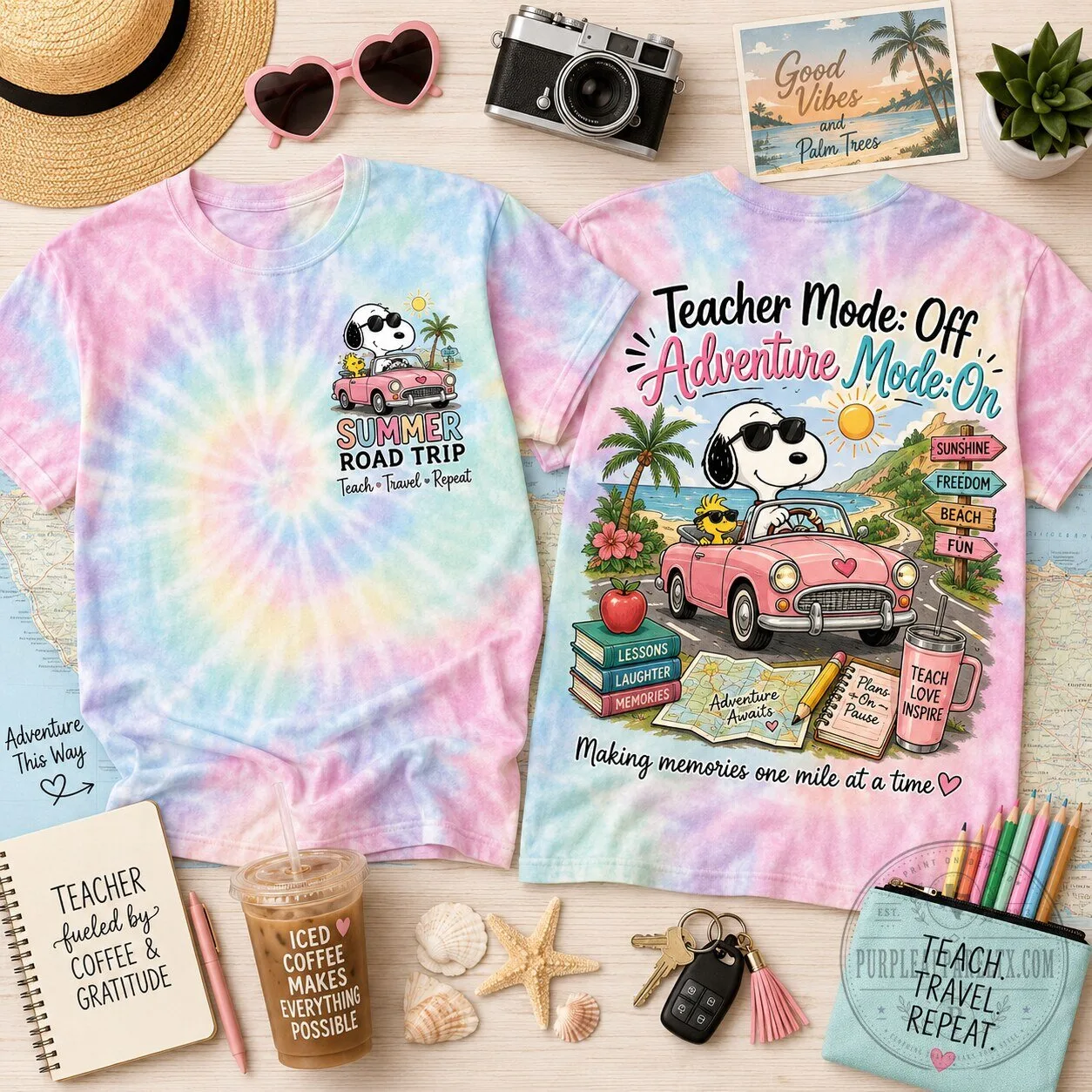 Snoopy Summer Road Trip Tie-Dye Teacher Mode Off Adventure Mode On T-Shirt