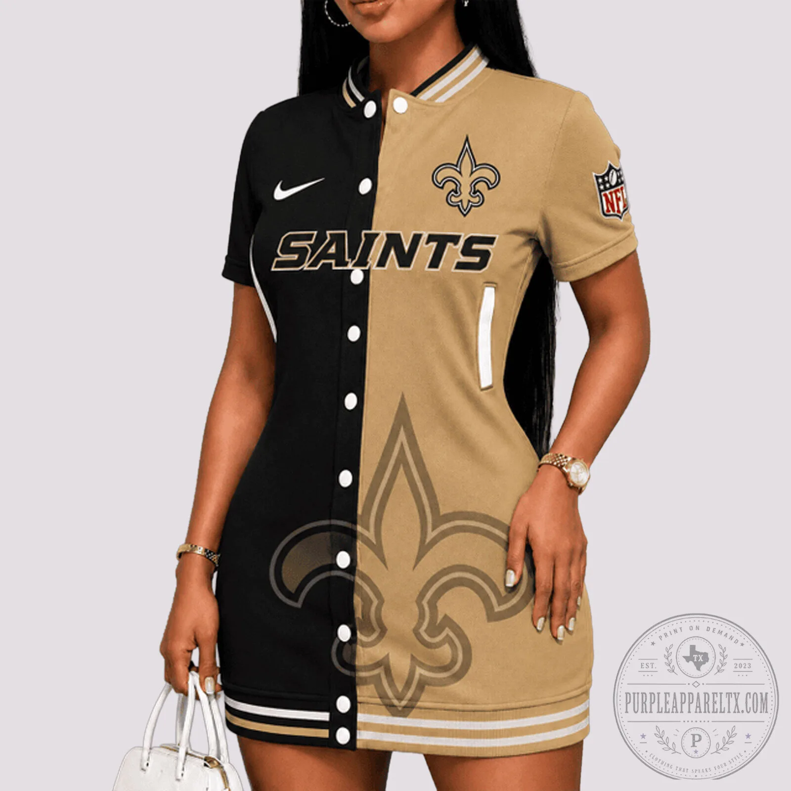 New Orleans Saints Black and Gold Split Design Women's Baseball Dress