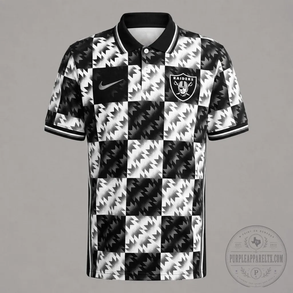 Las Vegas Raiders Nike Black White Geometric Pattern Polo Shirt Las Vegas Raiders Nike Black White Geometric Pattern Polo Shirt