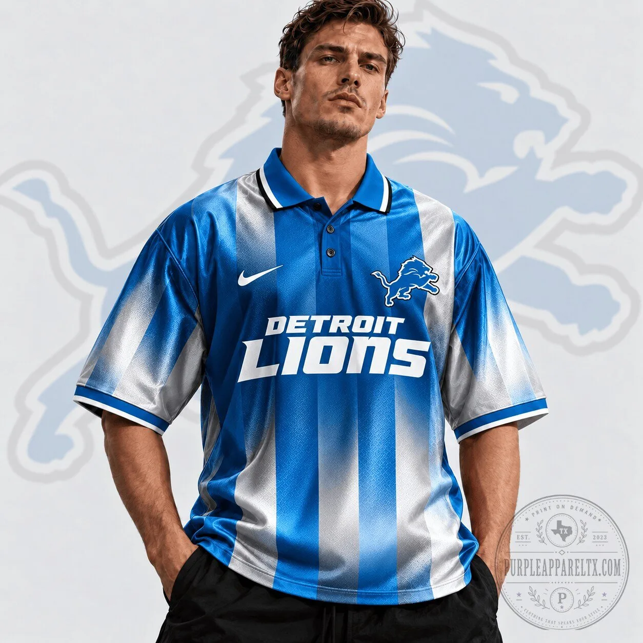 Detroit Lions NFL Team Crest Vertical Stripe Retro Performance Polo Shirt