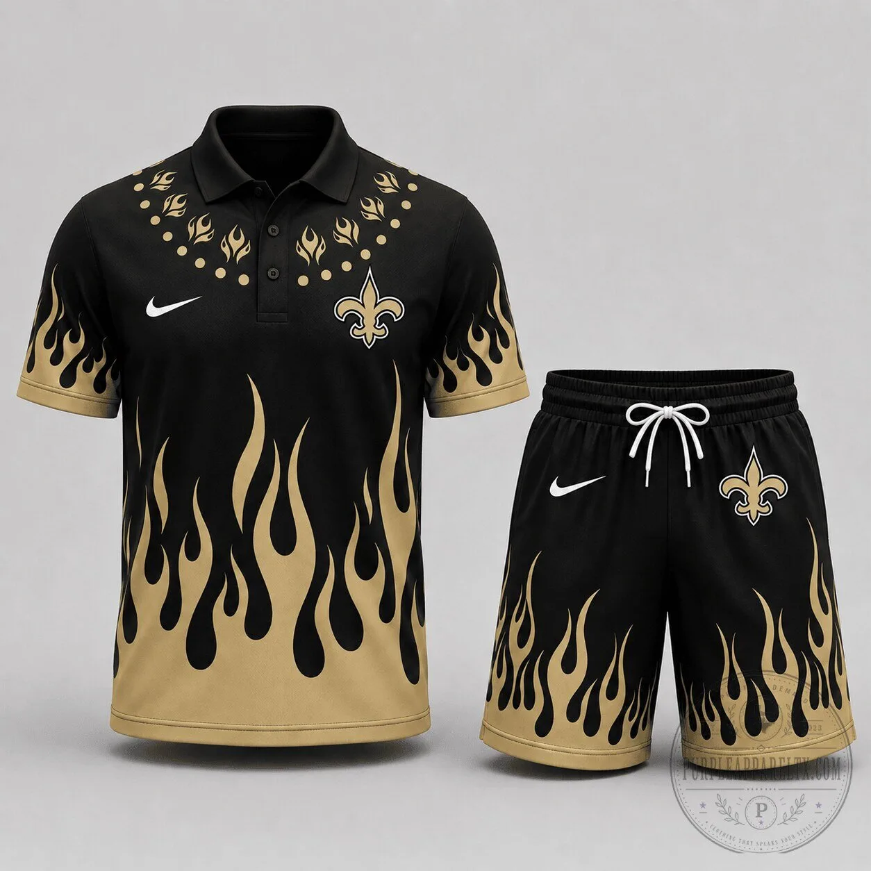 New Orleans Saints Flame Performance Polo Shirt and Shorts Set 2 New Orleans Saints Flame Performance Polo Shirt and Shorts Set