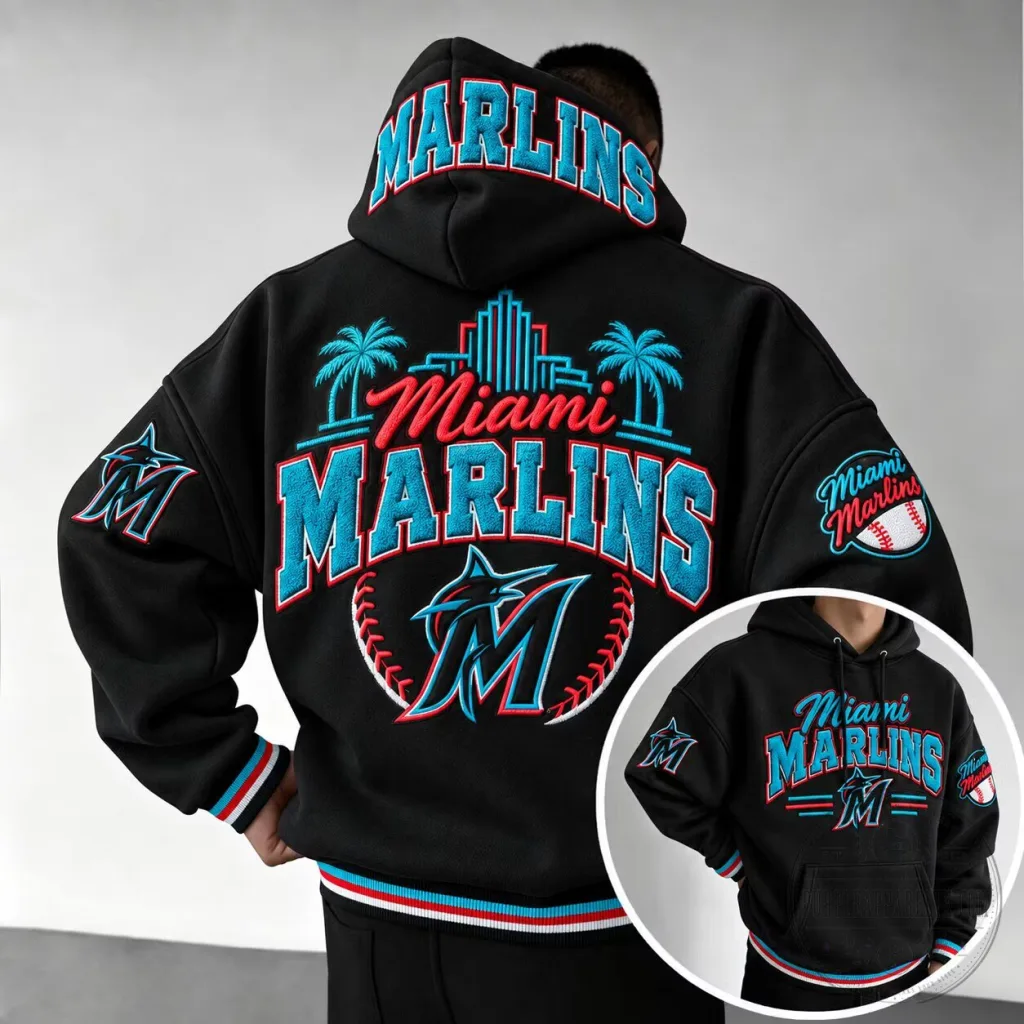 Miami Marlins Baseball Team Embroidered Black Oversized Hoodie for Adults Miami Marlins Baseball Team Embroidered Black Oversized Hoodie for Adults