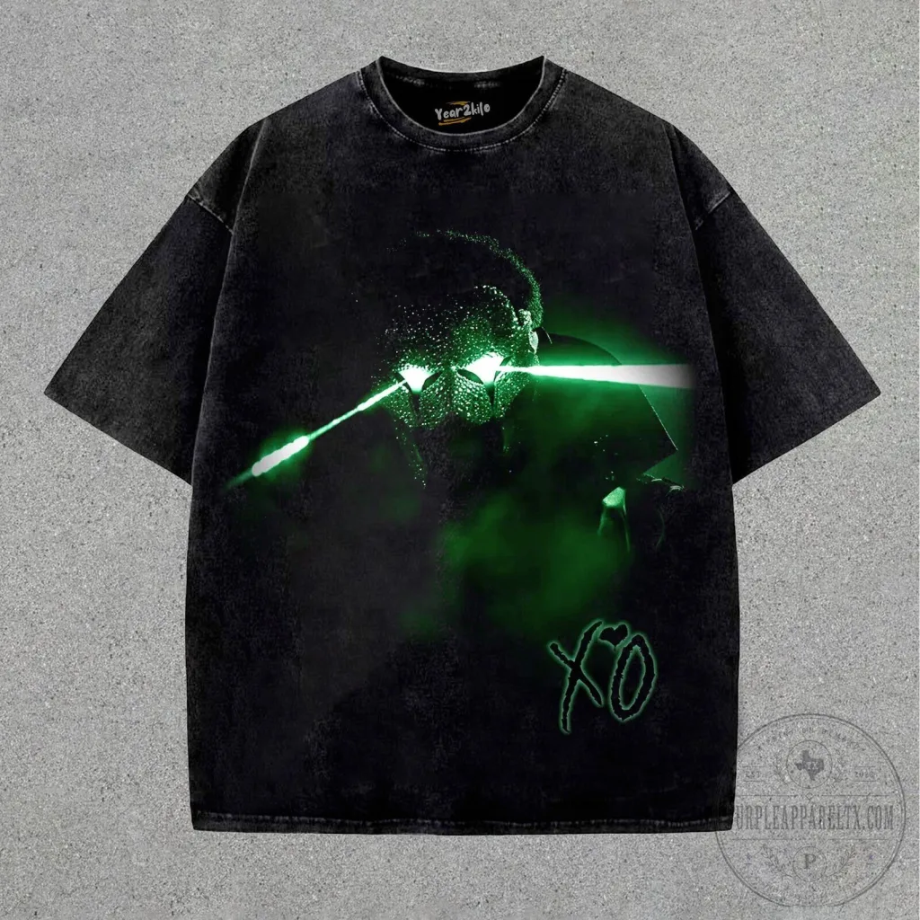 The Weeknd Green Laser Eyes XO Logo Black Washed T-Shirt The Weeknd Green Laser Eyes XO Logo Black Washed T-Shirt