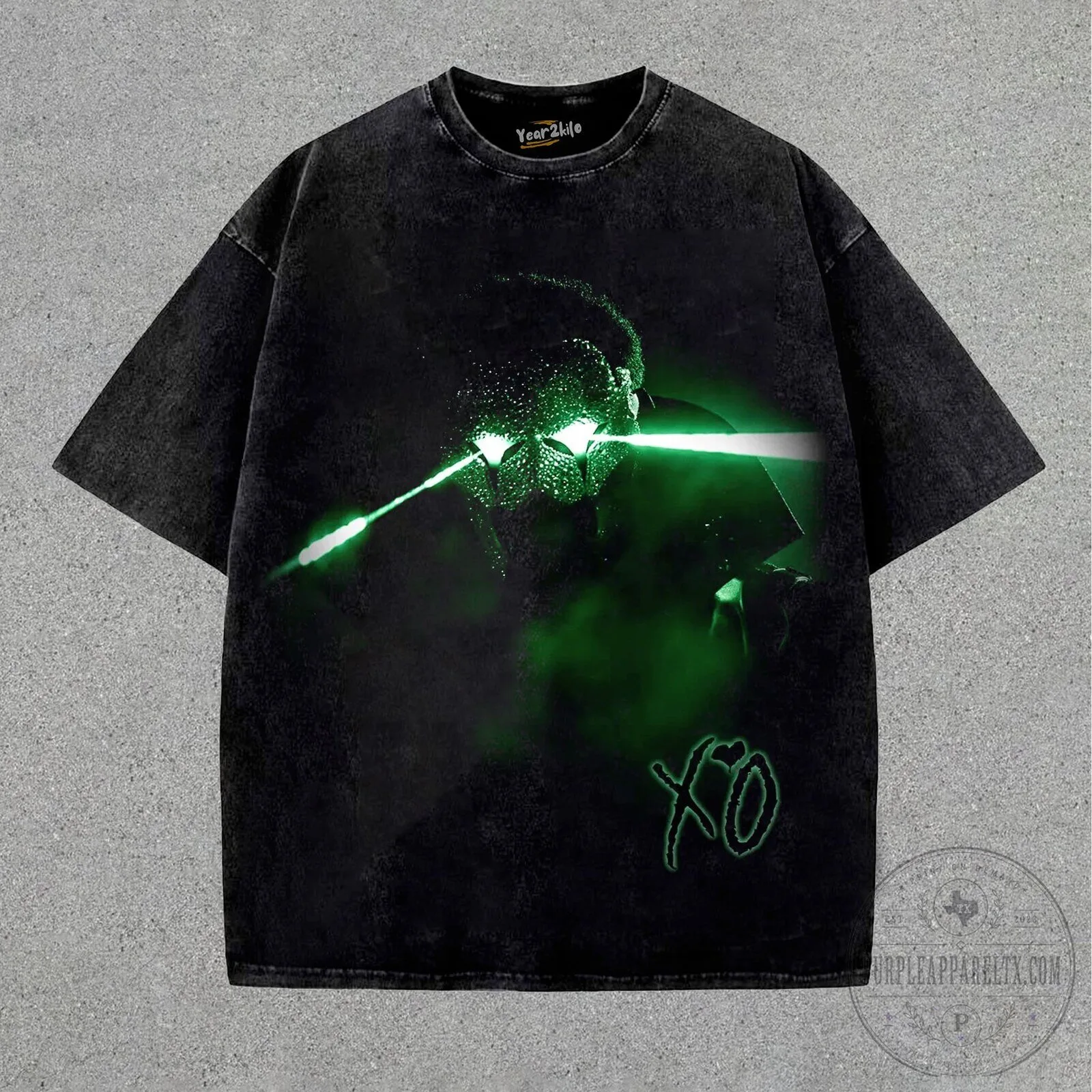 The Weeknd Green Laser Eyes XO Logo Black Washed T-Shirt 9 The Weeknd Green Laser Eyes XO Logo Black Washed T-Shirt