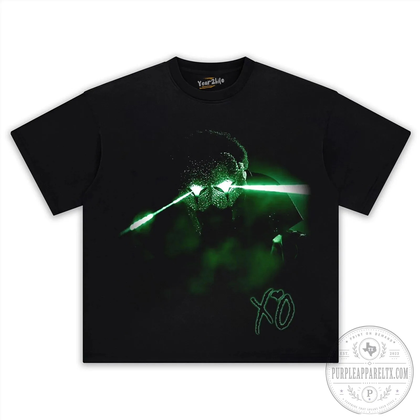 The Weeknd Green Laser Eyes XO Logo Black Washed T-Shirt 13 The Weeknd Green Laser Eyes XO Logo Black Washed T-Shirt