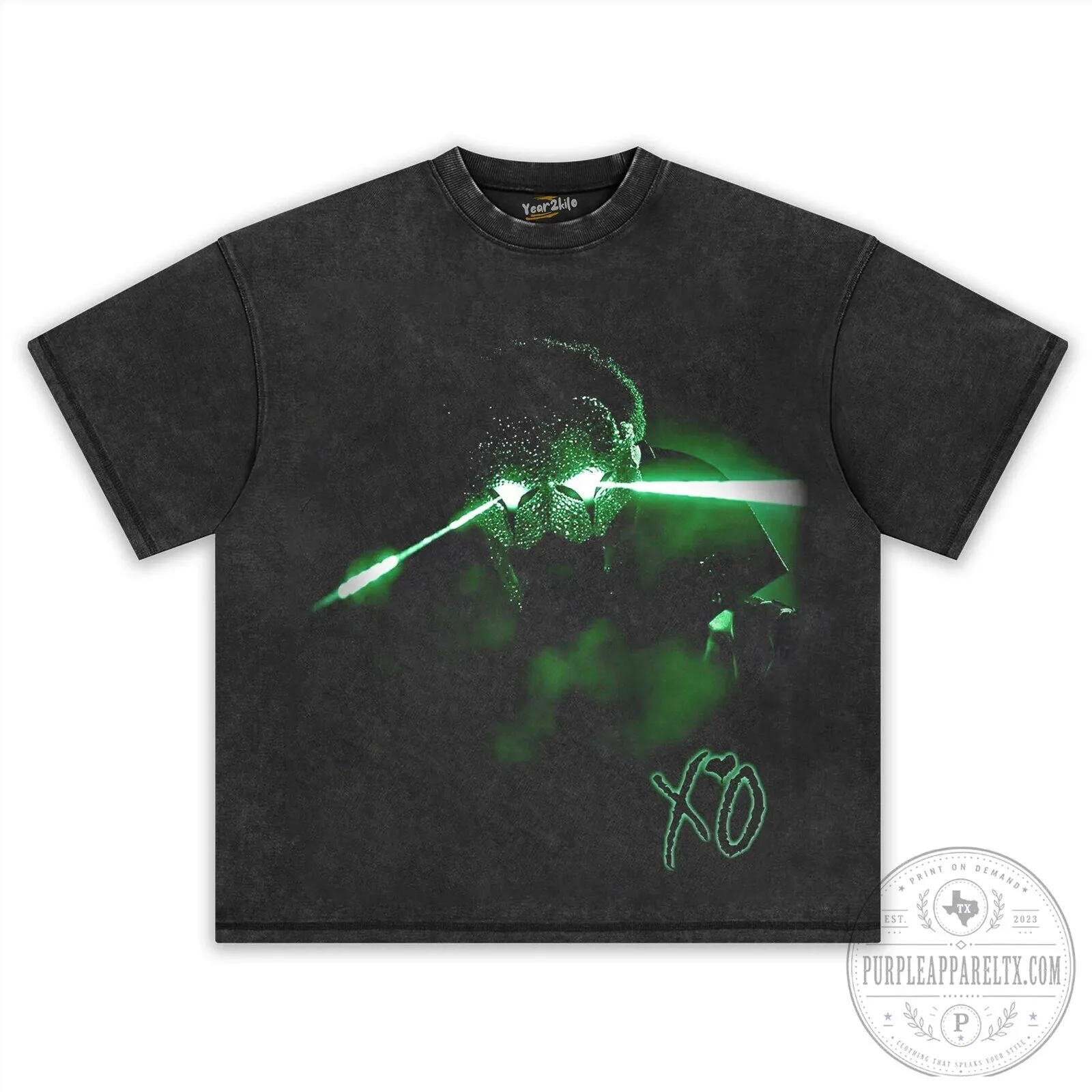 The Weeknd Green Laser Eyes XO Logo Black Washed T-Shirt 14 The Weeknd Green Laser Eyes XO Logo Black Washed T-Shirt