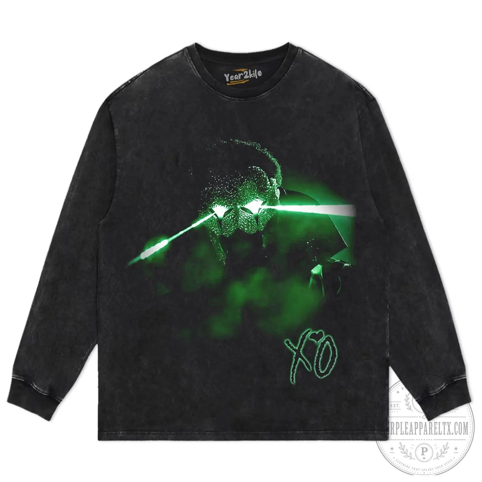 The Weeknd Green Laser Eyes XO Logo Black Washed T-Shirt 18 The Weeknd Green Laser Eyes XO Logo Black Washed T-Shirt