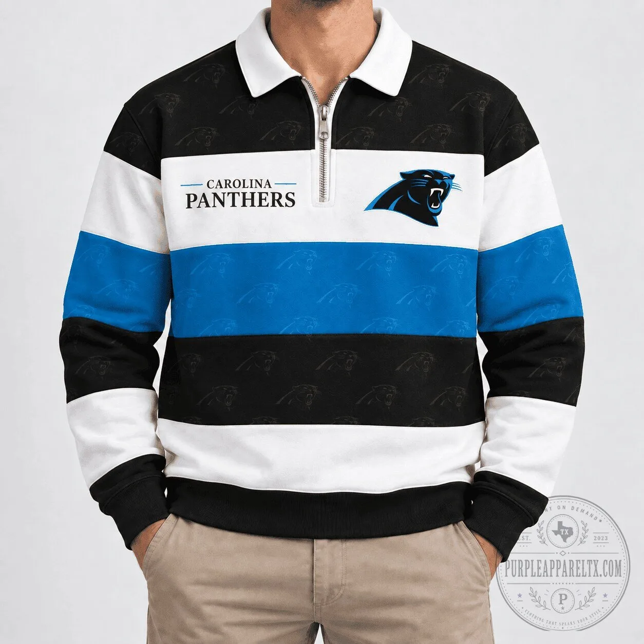 Carolina Panthers National Football League Team Striped Quarter-Zip Polo Shirt