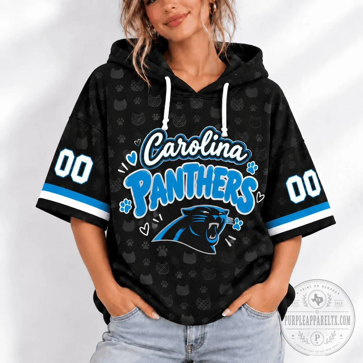Women's Black Short Sleeve Hoodie Featuring the Carolina Panthers Football Team 1 Women's Black Short Sleeve Hoodie Featuring the Carolina Panthers Football Team