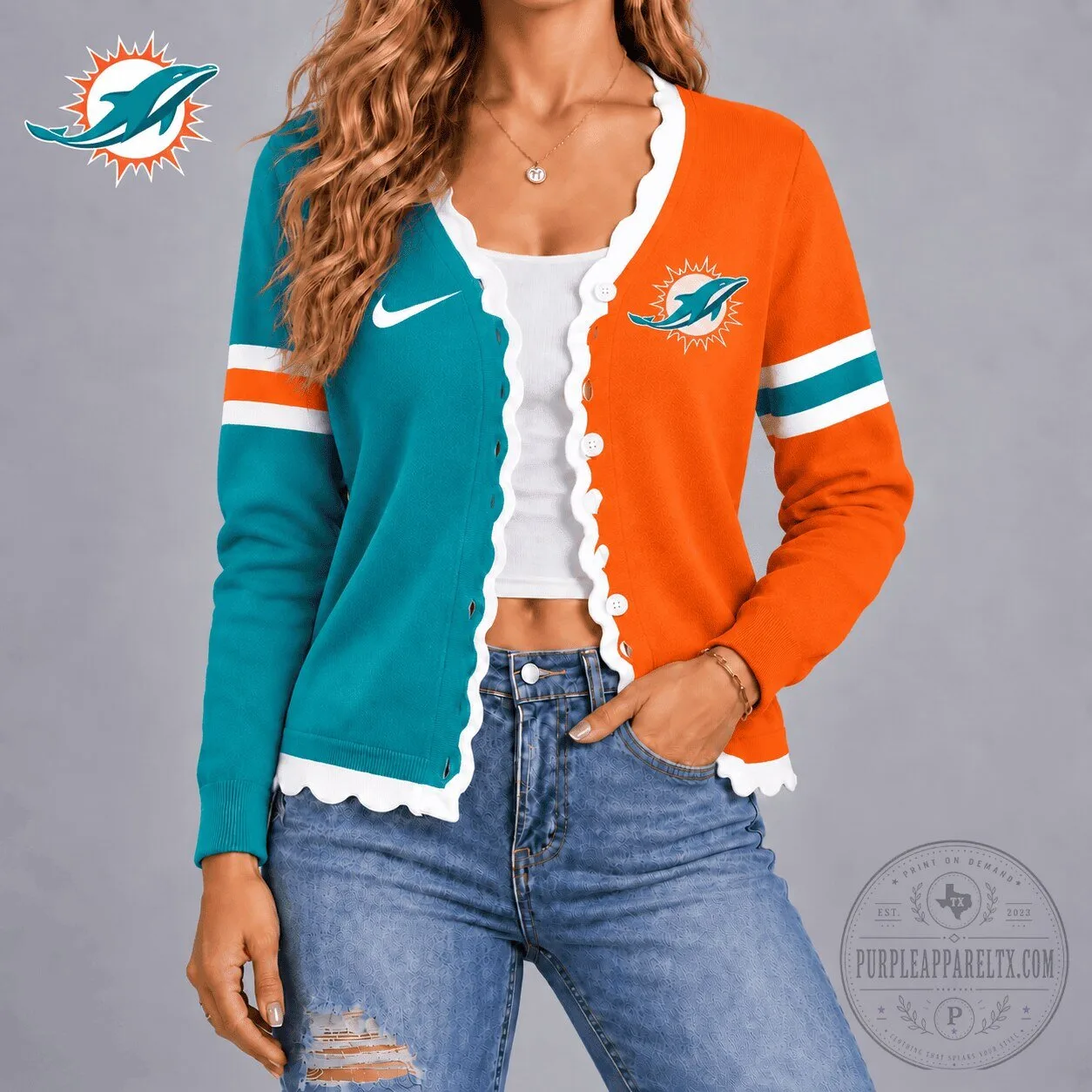 Miami Dolphins NFL Team Logo Varsity Stripe Button Cardigan