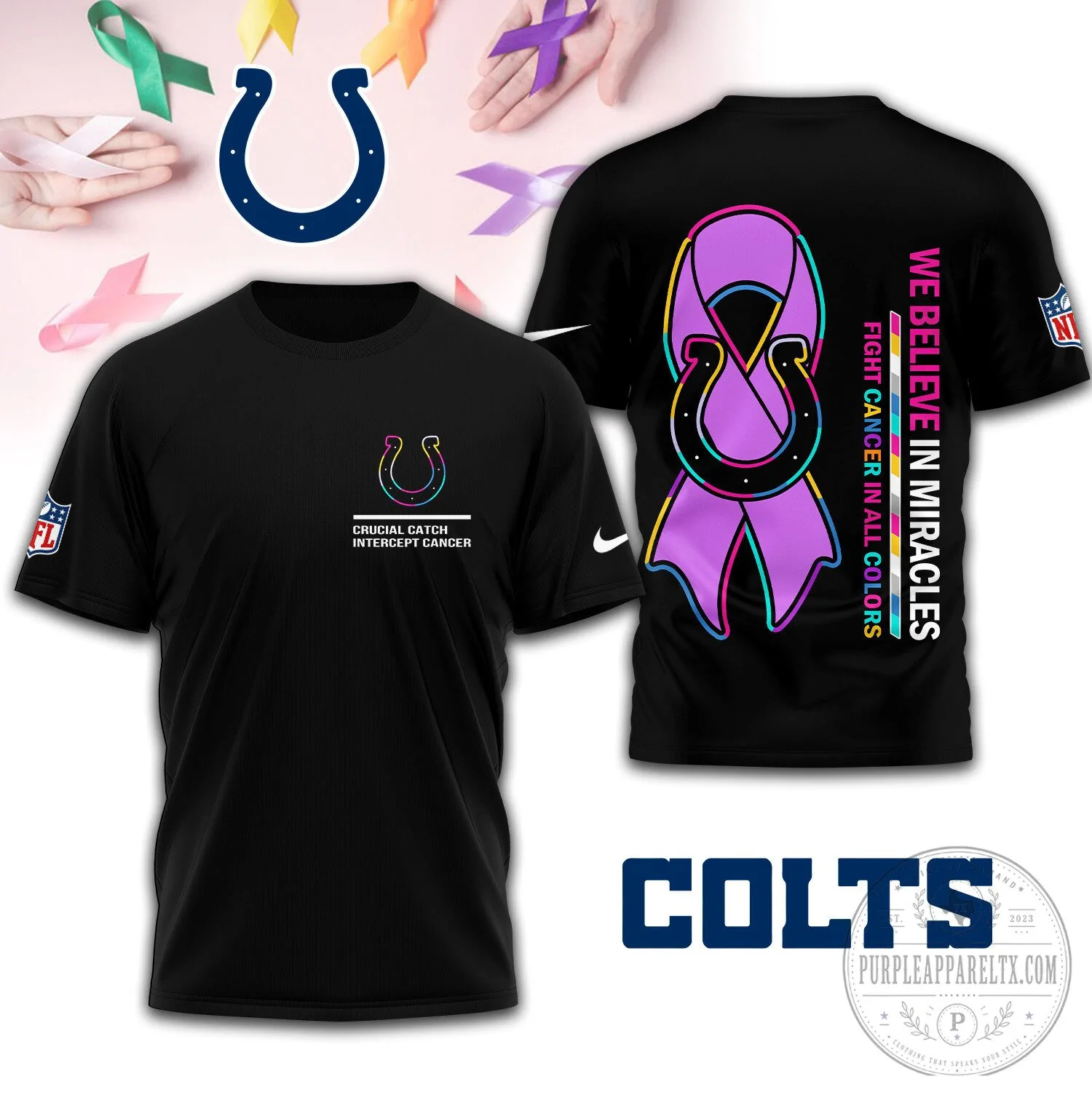 Indianapolis Colts Crucial Catch Intercept Cancer Black T-Shirt