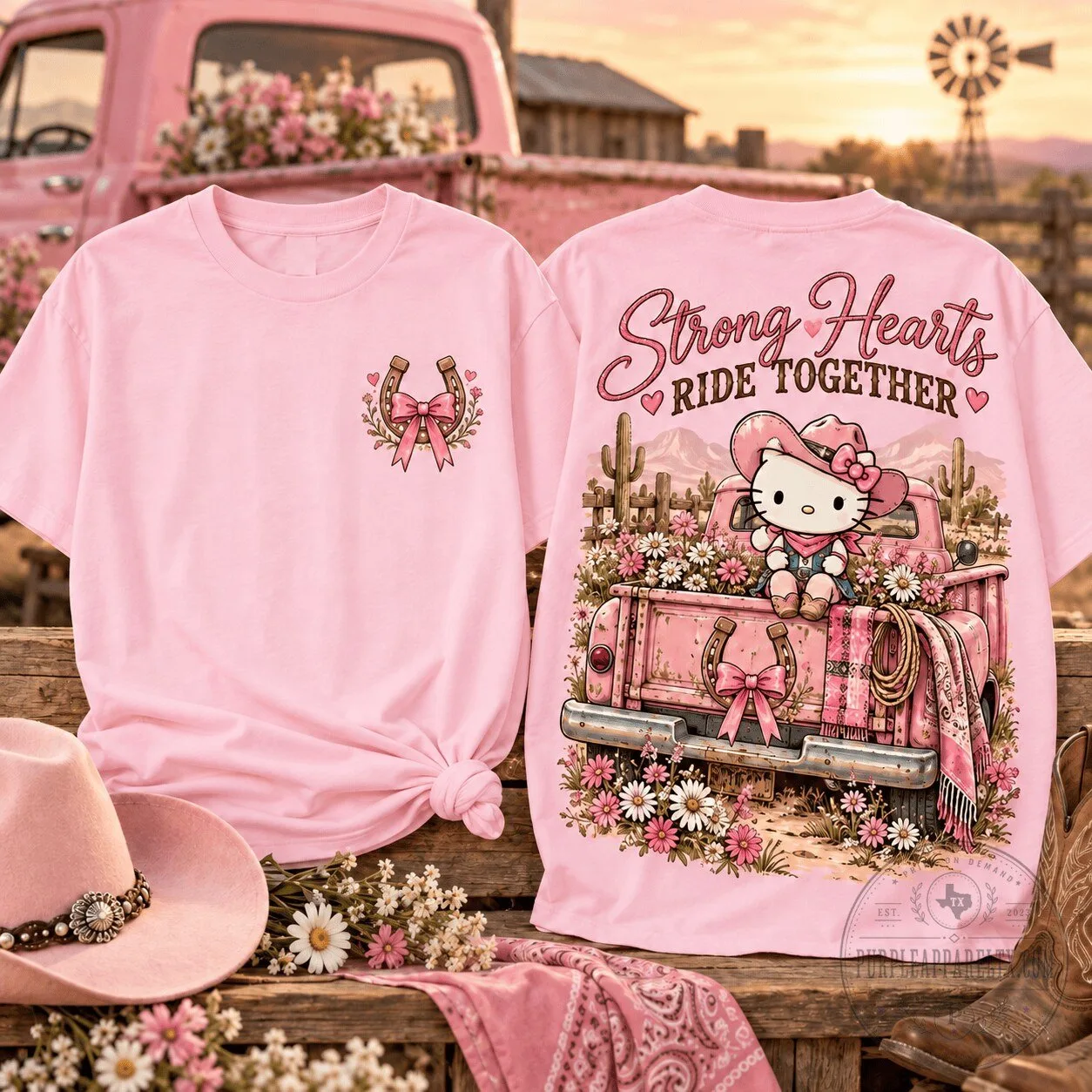 Hello Kitty Strong Hearts Ride Together Breast Cancer Awareness Pink T-Shirt