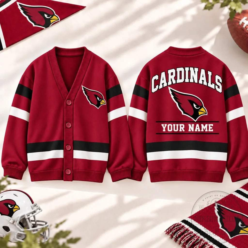 Arizona Cardinals Personalized Red Black White Striped Cardigan Sweater Arizona Cardinals Personalized Red Black White Striped Cardigan Sweater