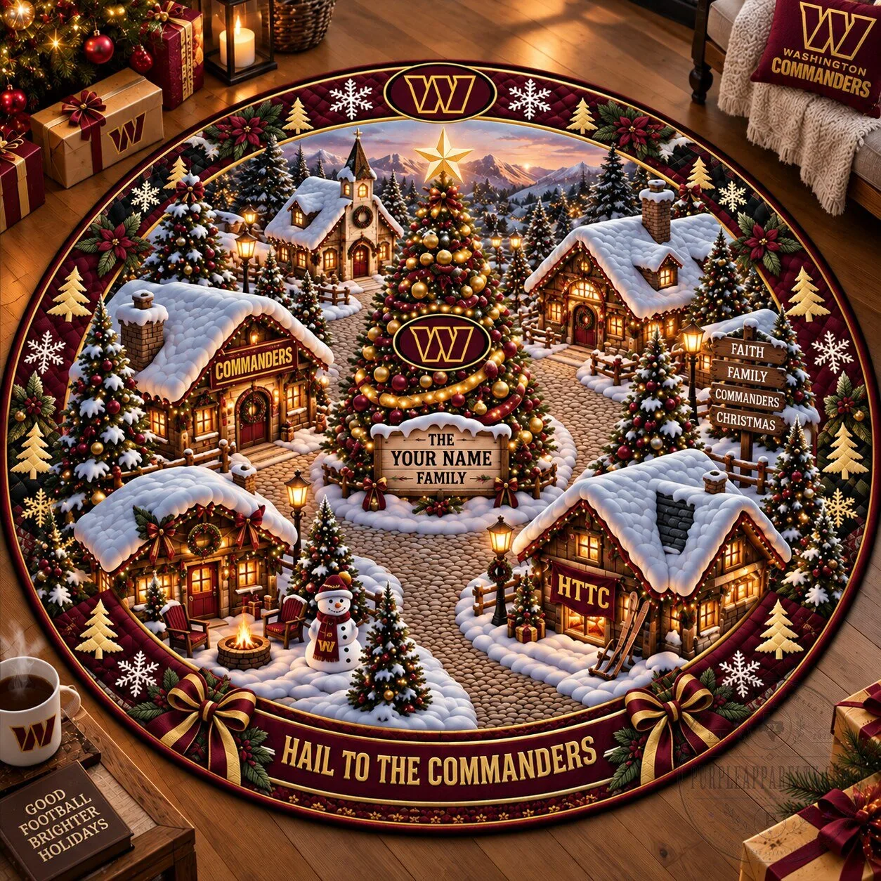 Washington Commanders Christmas Village Round Quilted Floor Rug