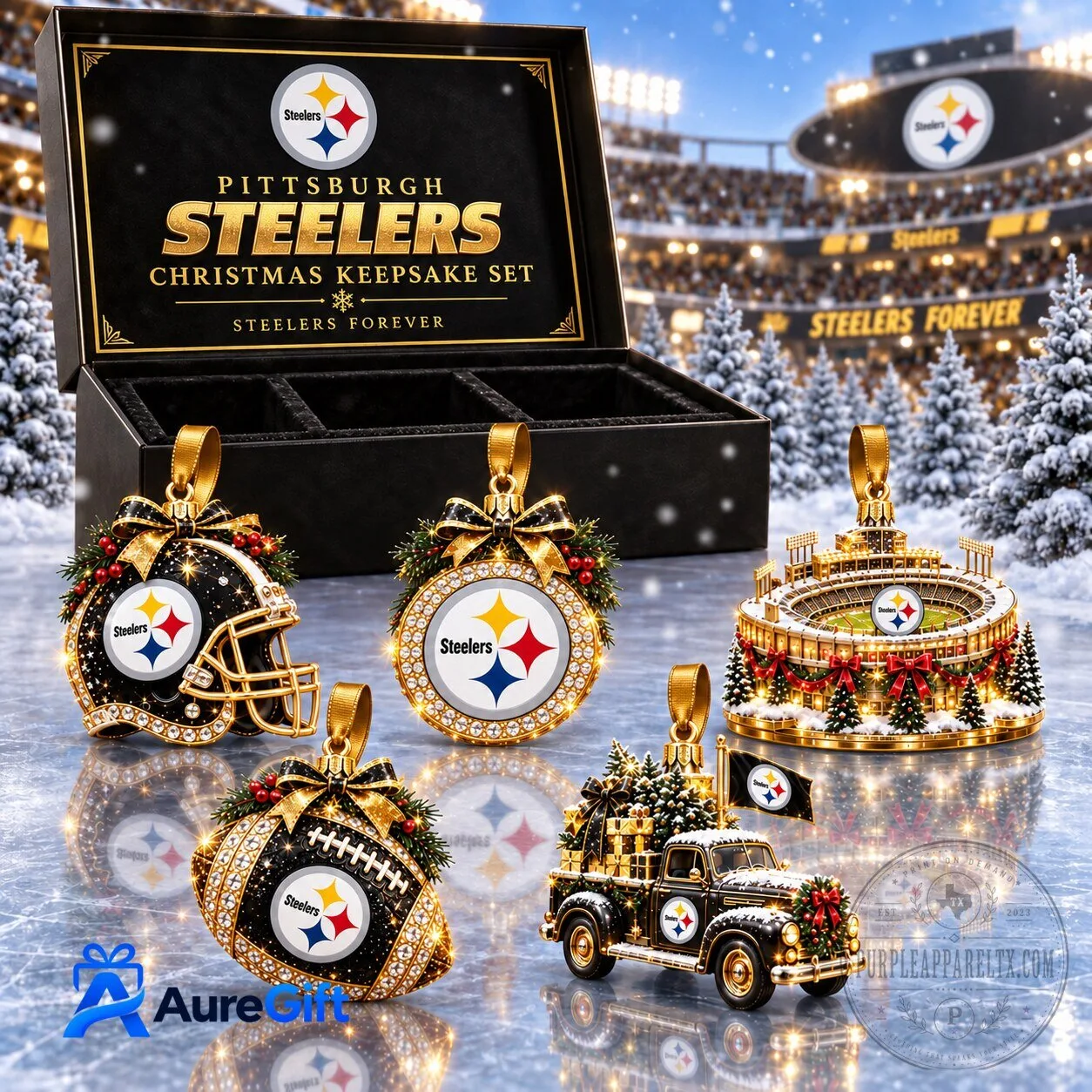 Pittsburgh Steelers Christmas Keepsake Set Football Helmet Stadium Truck Ornaments