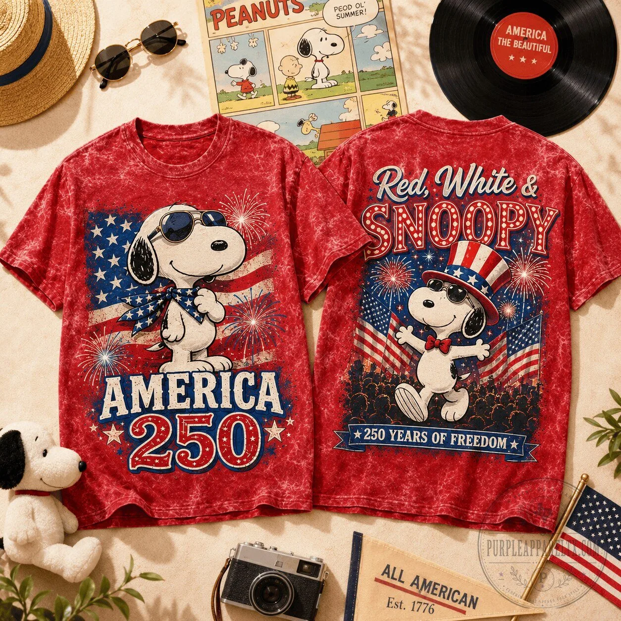 Fourth of July Snoopy America 250 Red White and Blue Fireworks T-Shirt