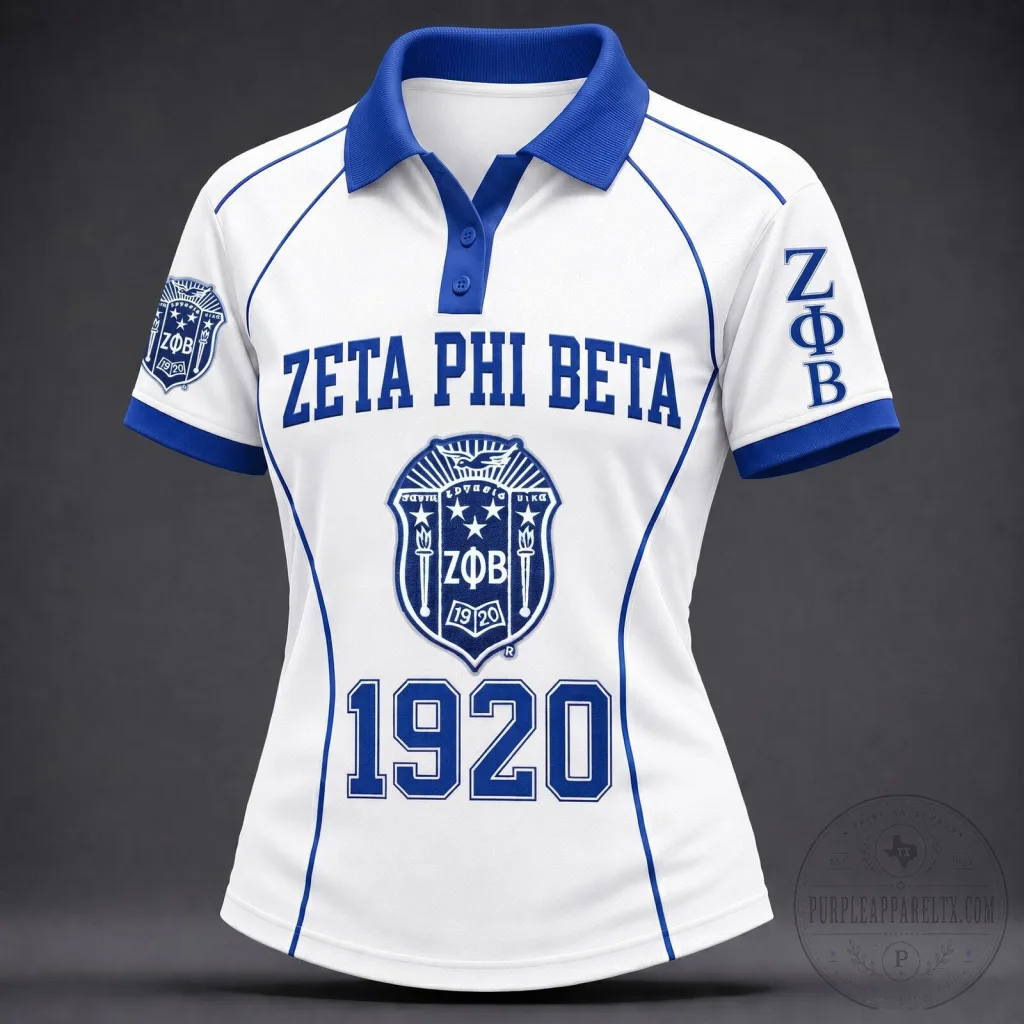 Zeta Phi Beta Sorority 1920 Shield Logo Blue and White Polo Shirt Zeta Phi Beta Sorority 1920 Shield Logo Blue and White Polo Shirt