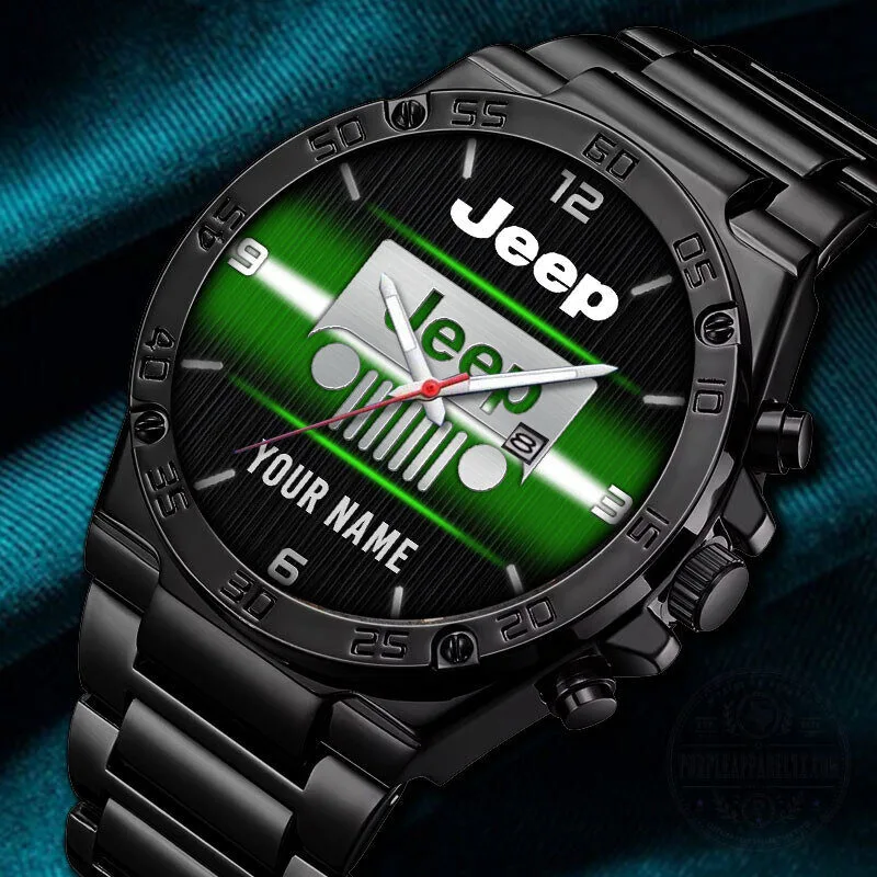 Jeep Logo Green and Black Custom Name Stainless Steel Watch
