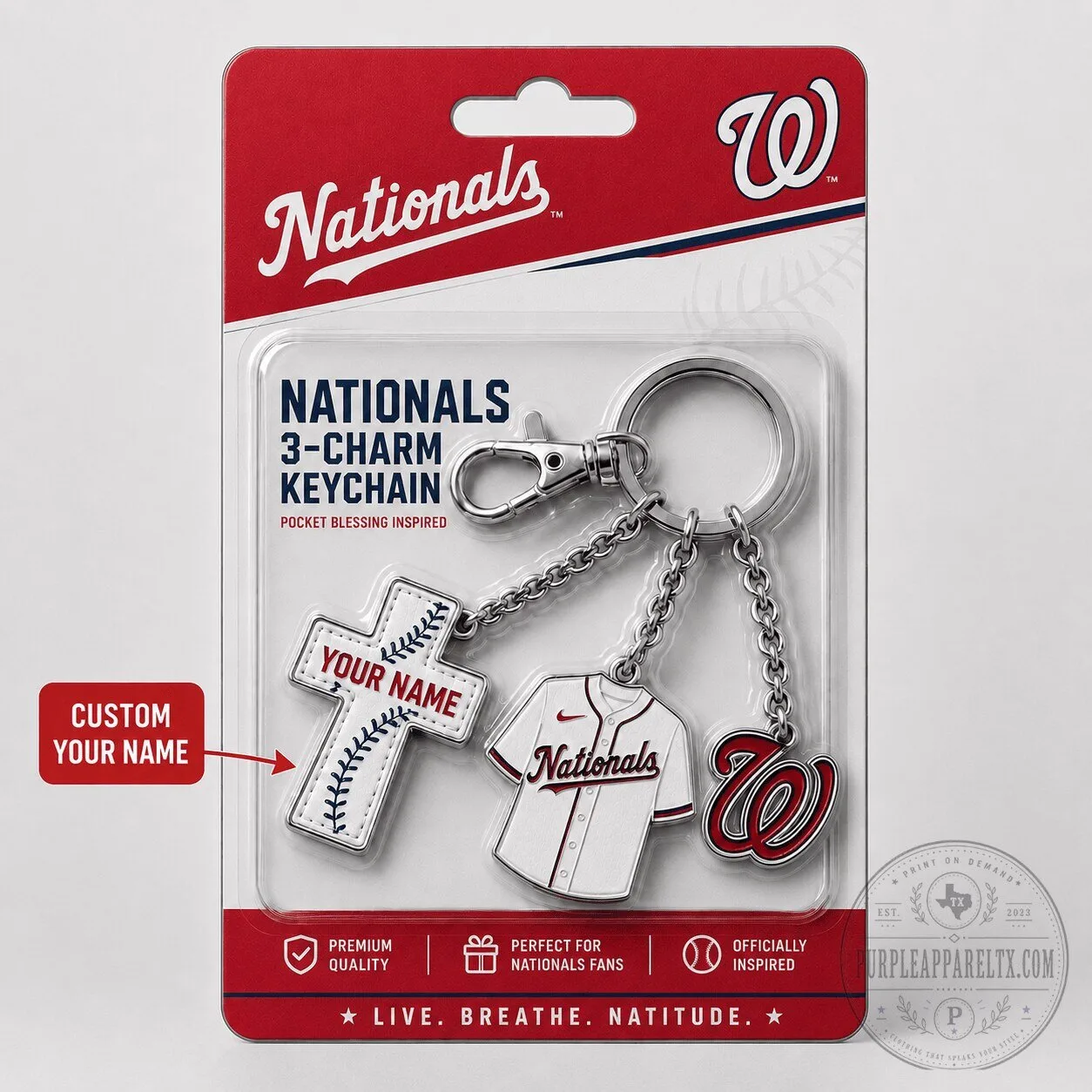 Washington Nationals Baseball Team 3-Charm Keychain Custom Name Fan Gift