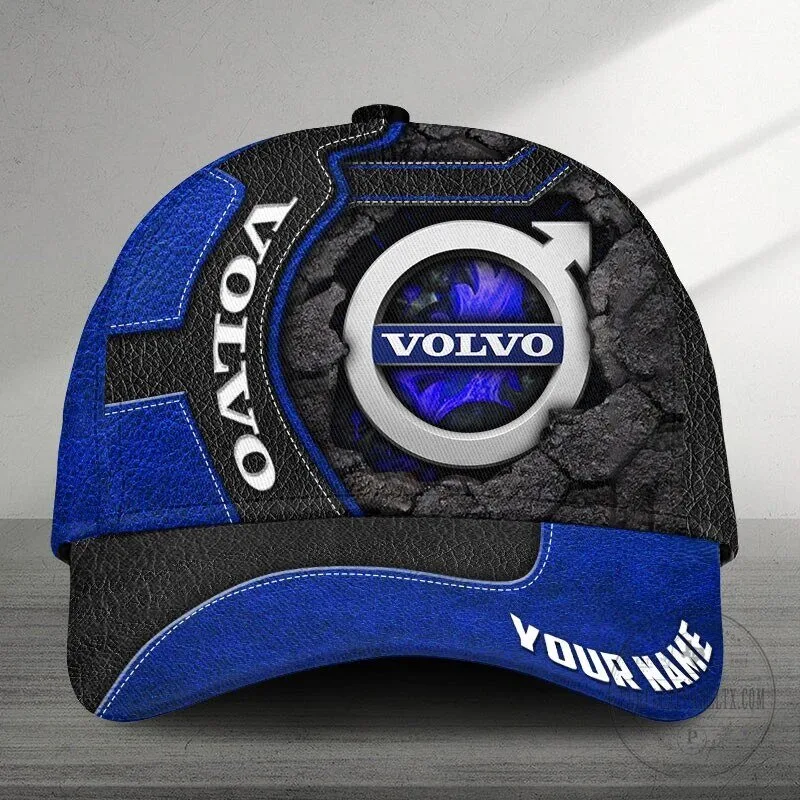 Volvo Car Company Logo Blue Black Cracked Stone Custom Name Baseball Cap Hat