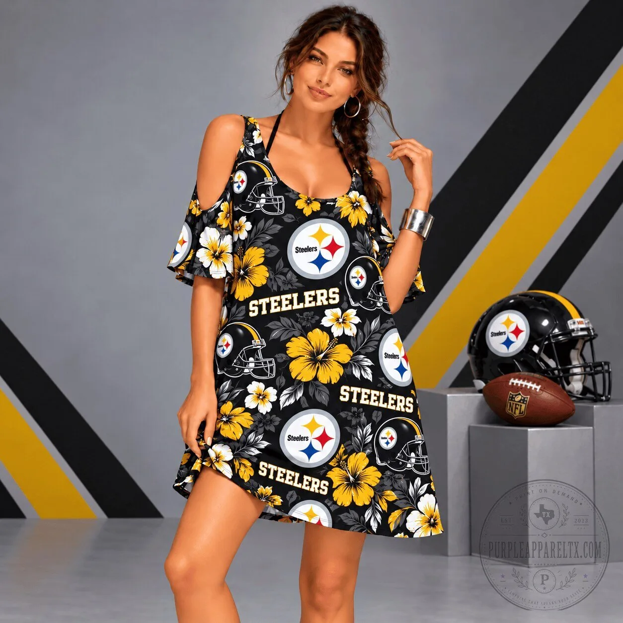 Pittsburgh Steelers Floral Cold Shoulder Dress for Women 2 Pittsburgh Steelers Floral Cold Shoulder Dress for Women