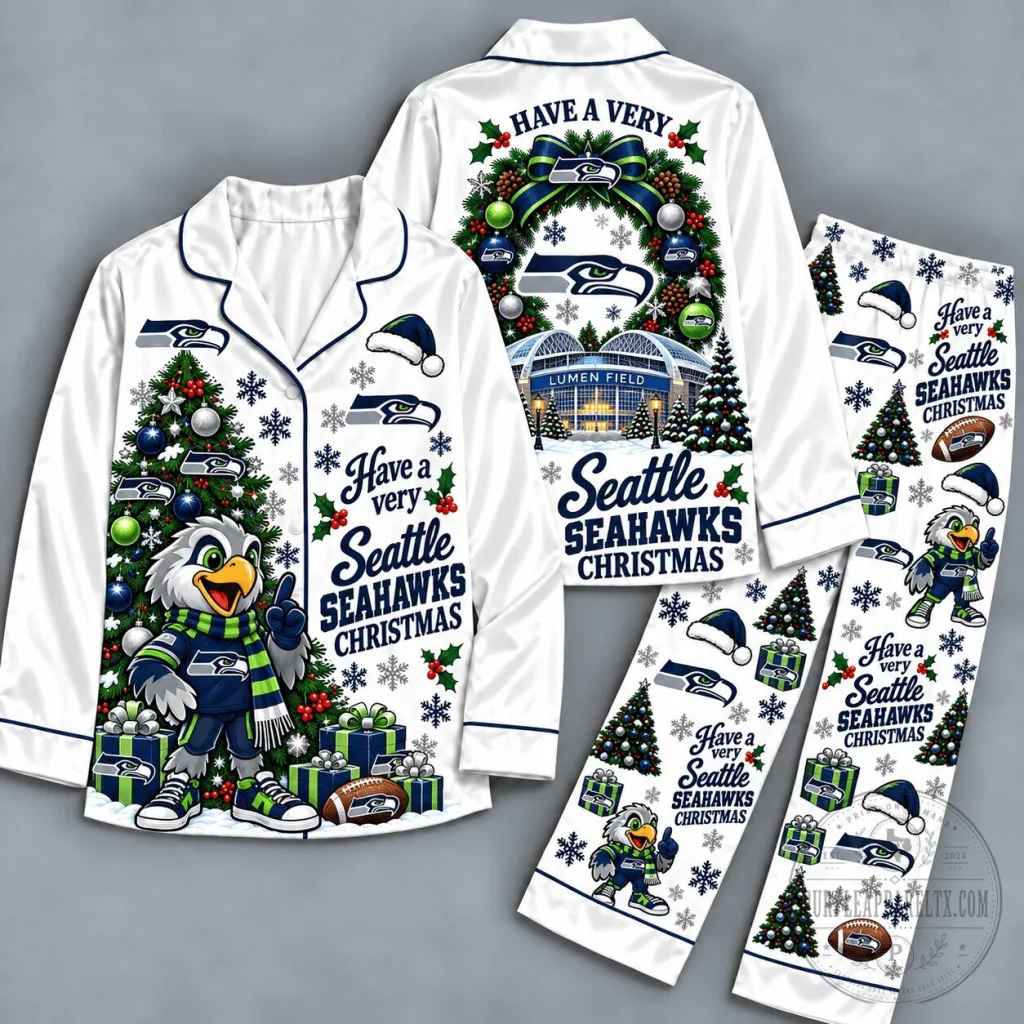 Seattle Seahawks Christmas Pajamas Set with Lumen Field and Mascot Design Seattle Seahawks Christmas Pajamas Set with Lumen Field and Mascot Design