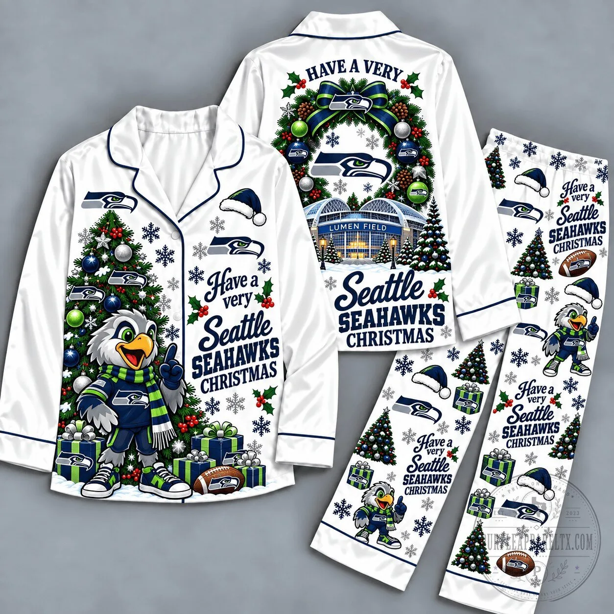 Seattle Seahawks Christmas Pajamas Set with Lumen Field and Mascot Design 1 Seattle Seahawks Christmas Pajamas Set with Lumen Field and Mascot Design