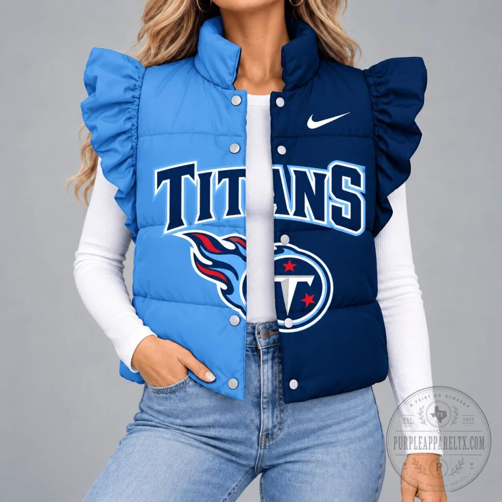 Tennessee Titans Split Color Ruffled Puffer Vest for Women Tennessee Titans Split Color Ruffled Puffer Vest for Women