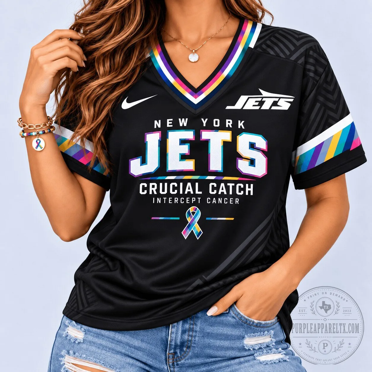 New York Jets Crucial Catch Intercept Cancer NFL Football Jersey