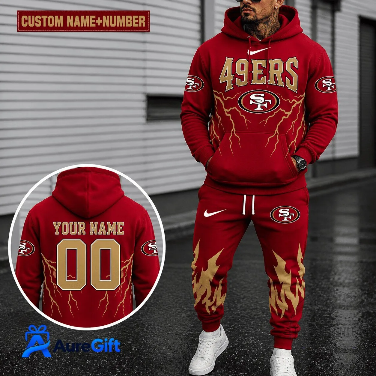 San Francisco 49ers Personalized Red Lightning Design Hoodie and Sweatpants Set