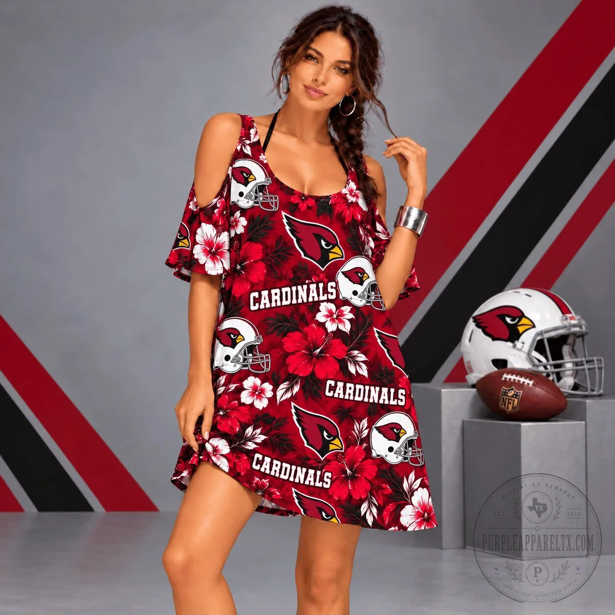Arizona Cardinals NFL Floral Cold Shoulder Dress 3 Arizona Cardinals NFL Floral Cold Shoulder Dress