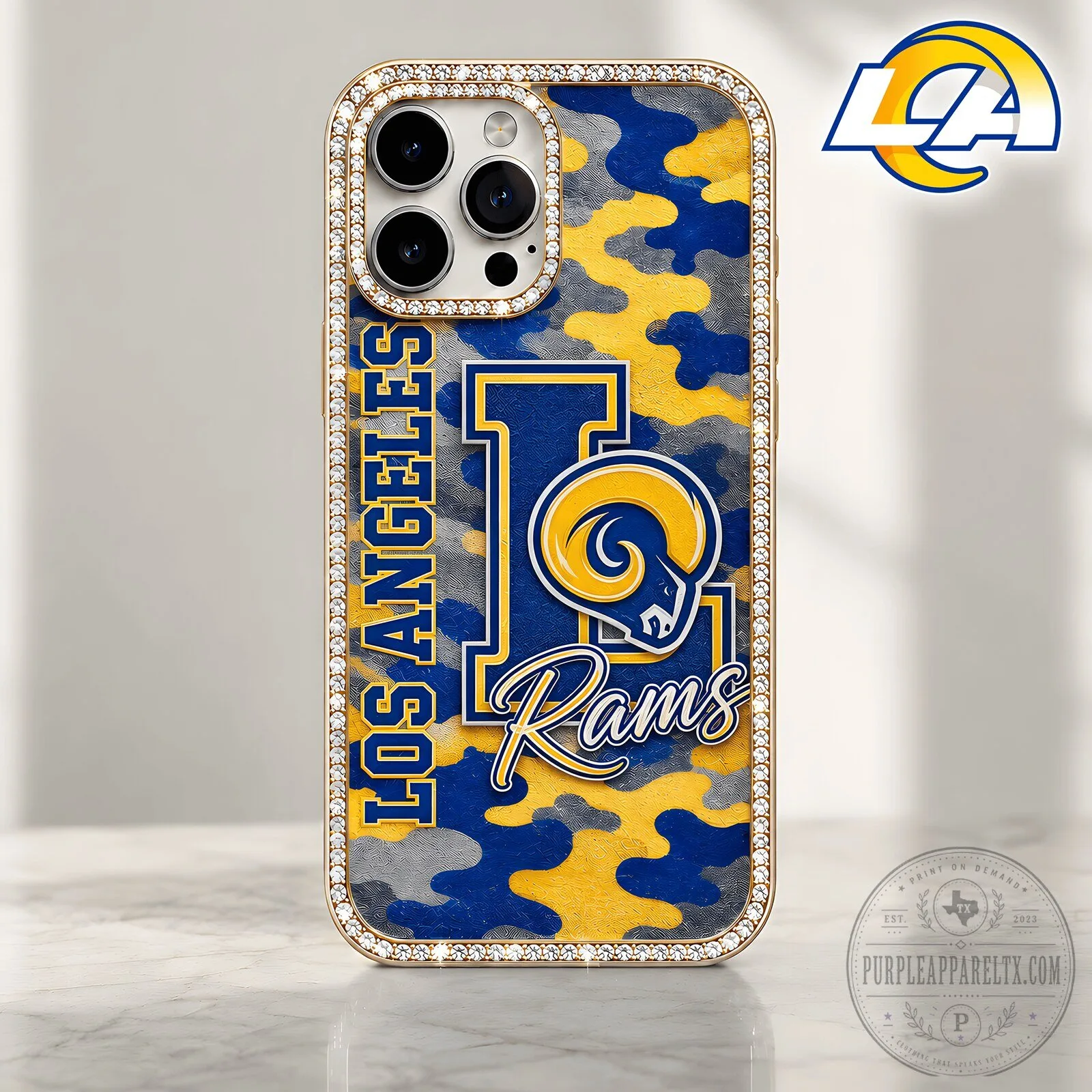 Los Angeles Rams NFL Team Camouflage Bling Luxury Phone Case