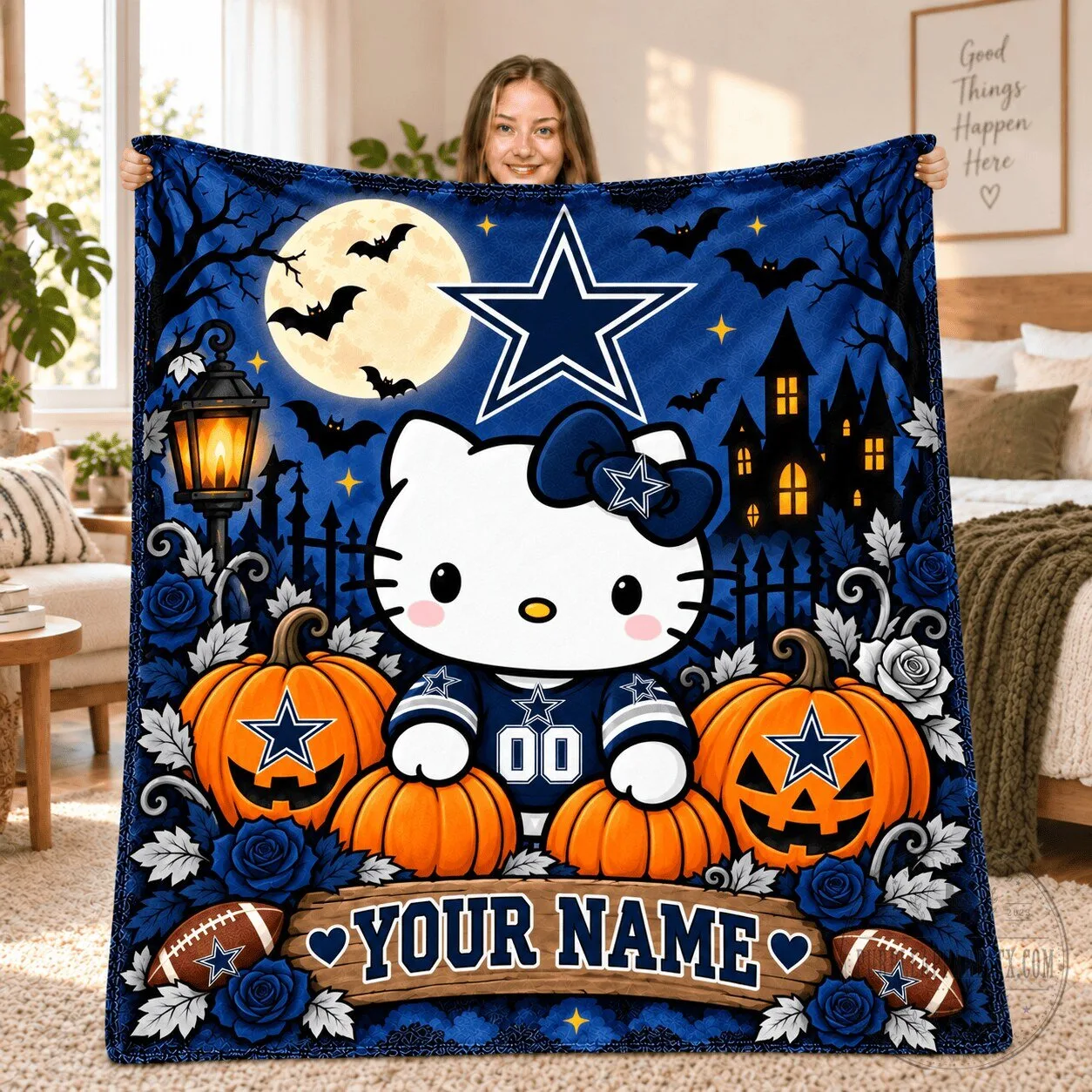 Dallas Cowboys Hello Kitty Halloween Moonlit Night Personalized Fleece Blanket 5 Dallas Cowboys Hello Kitty Halloween Moonlit Night Personalized Fleece Blanket