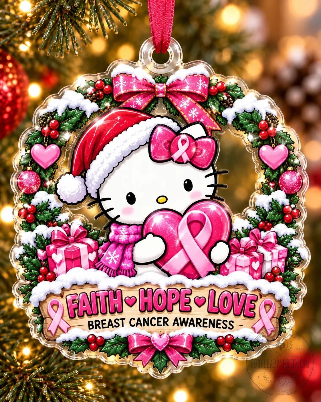 Hello Kitty Breast Cancer Awareness Faith Hope Love Christmas Ornament 1 Hello Kitty Breast Cancer Awareness Faith Hope Love Christmas Ornament