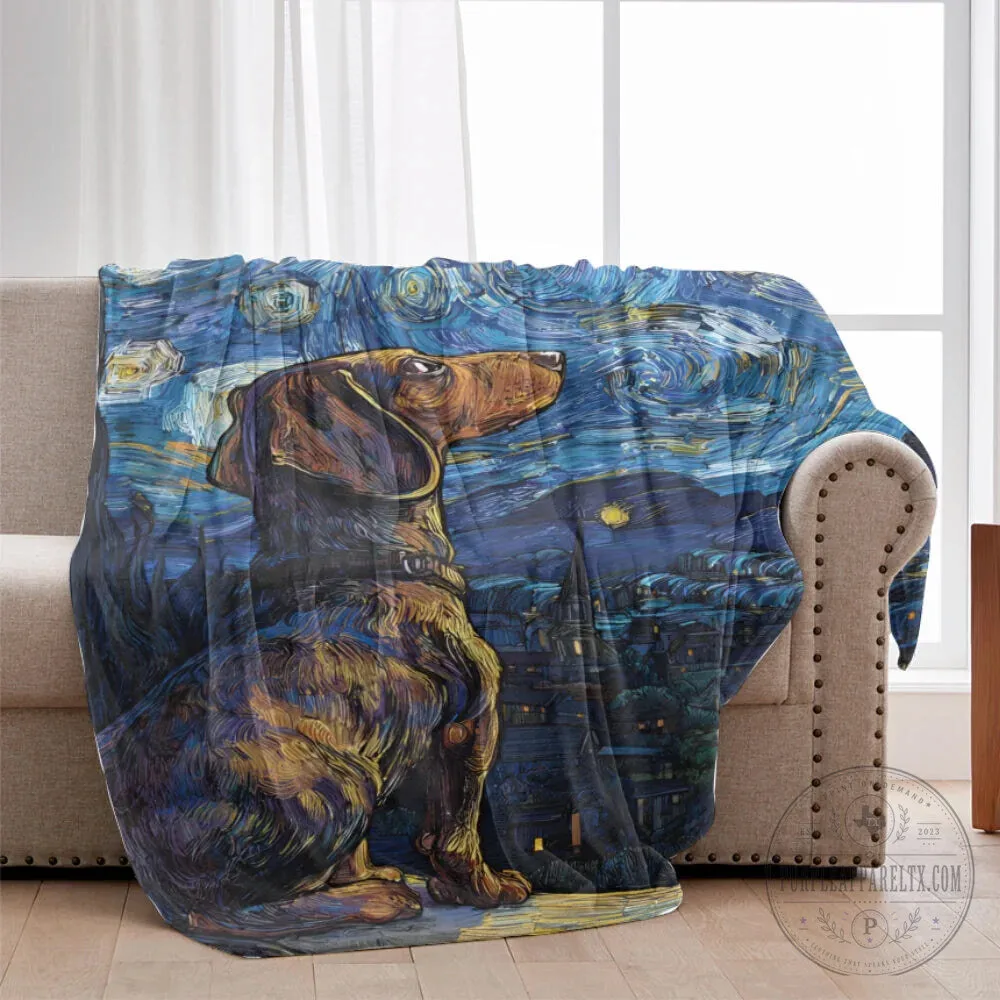 Dachshund Starry Night Painting Art Cozy Sherpa and Velveteen Blanket