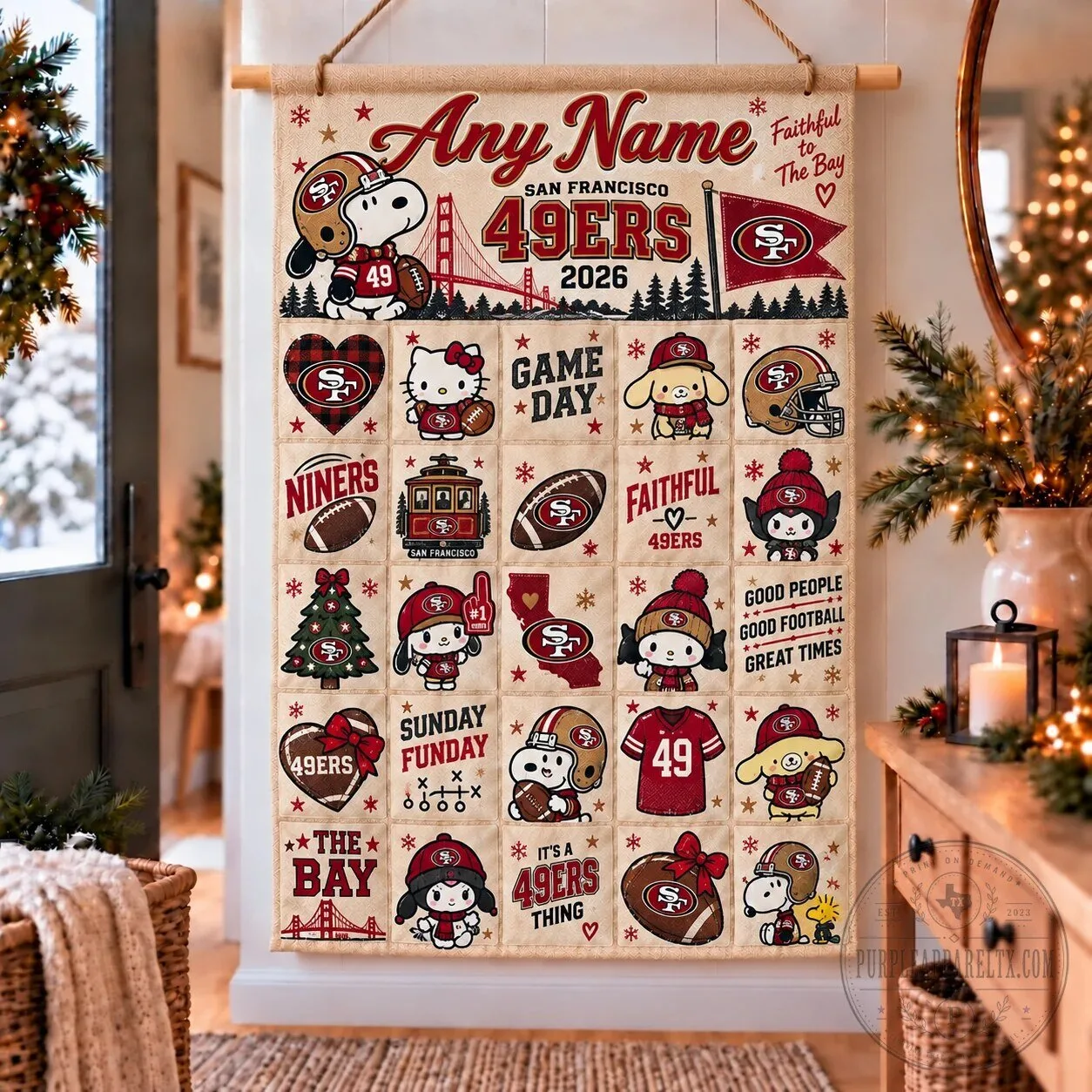 San Francisco 49ers Snoopy and Hello Kitty Christmas Advent Calendar Wall Hanging