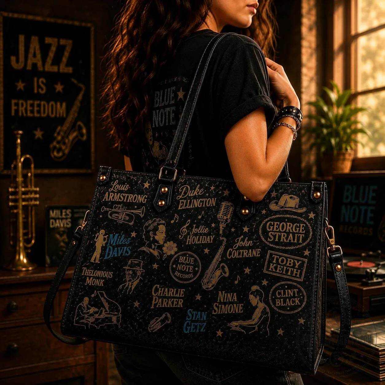 Jazz Music Legends Faux Leather Shoulder Bag for Vintage Music Lovers