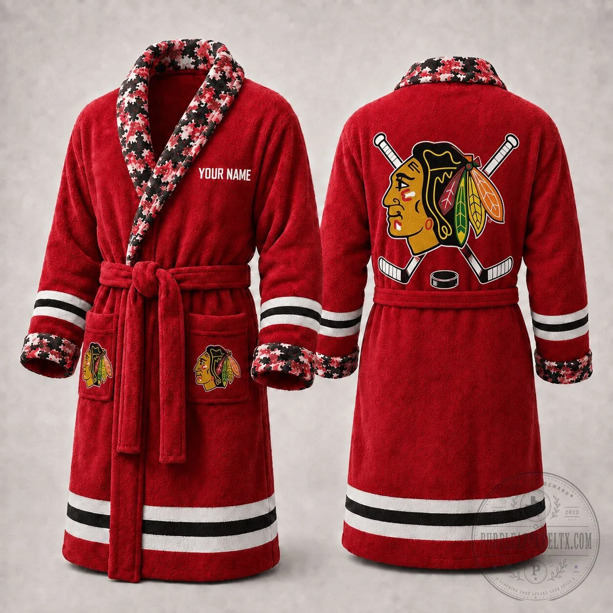 Personalized Chicago Blackhawks NHL Hockey Team Logo Red Bathrobe for Men and Women