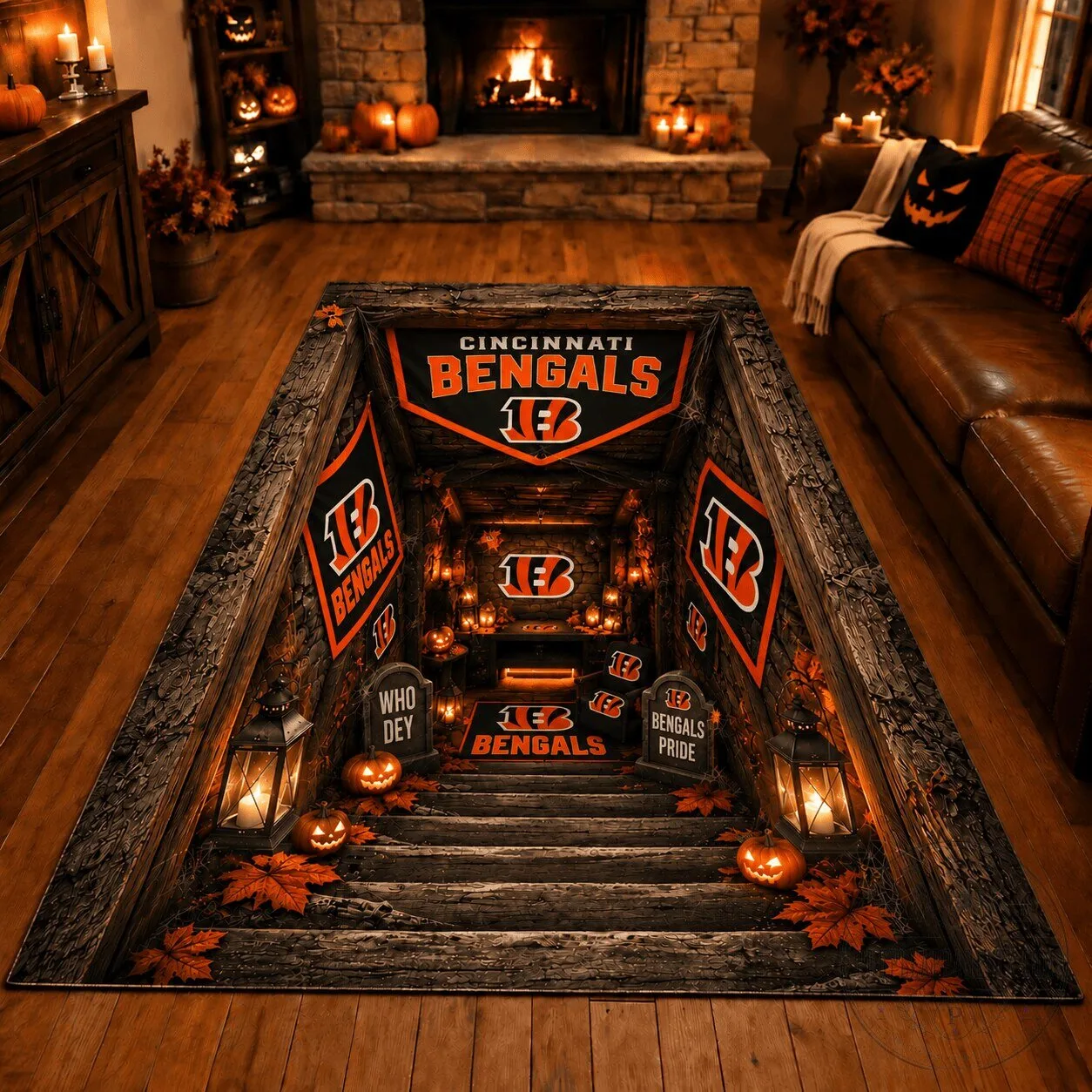 Cincinnati Bengals Halloween Fan Cave Area Rug