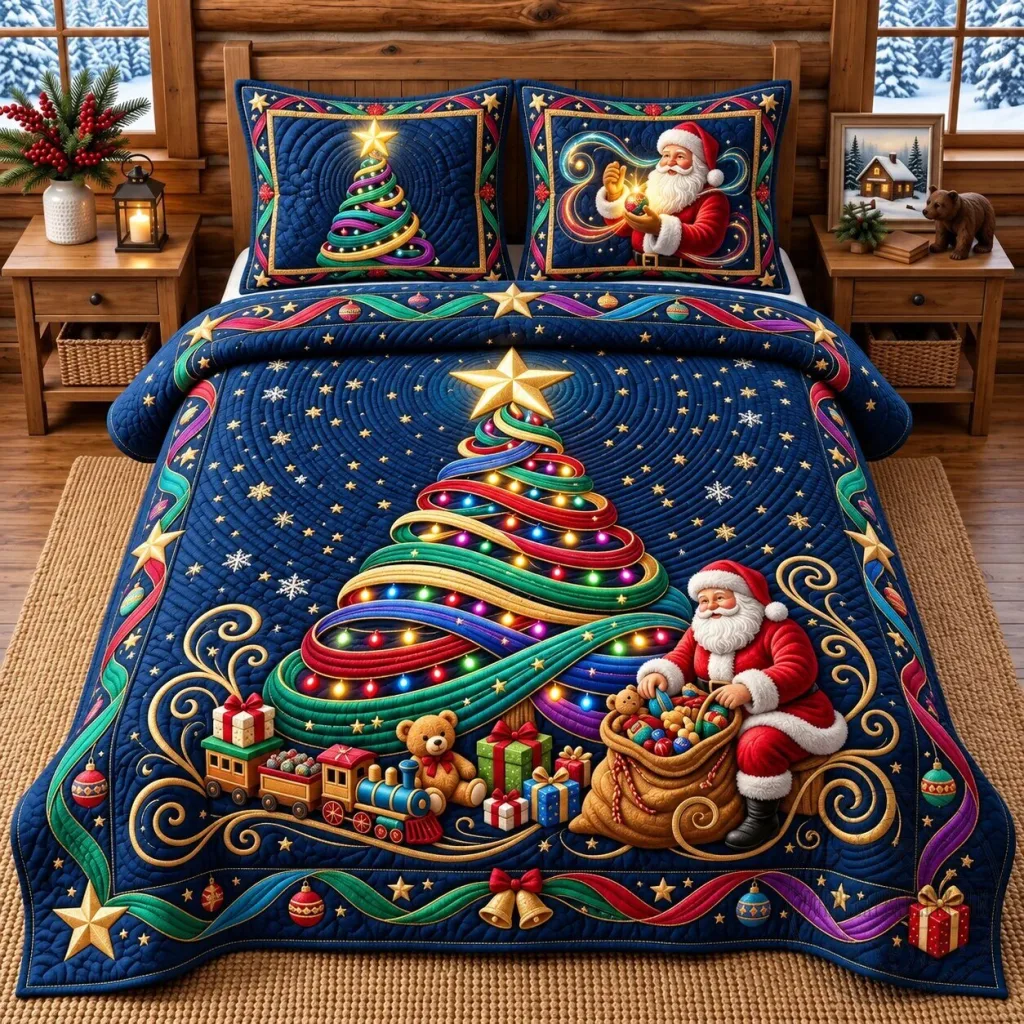 Christmas Tree and Santa Claus Quilted Bedding Set Christmas Tree and Santa Claus Quilted Bedding Set