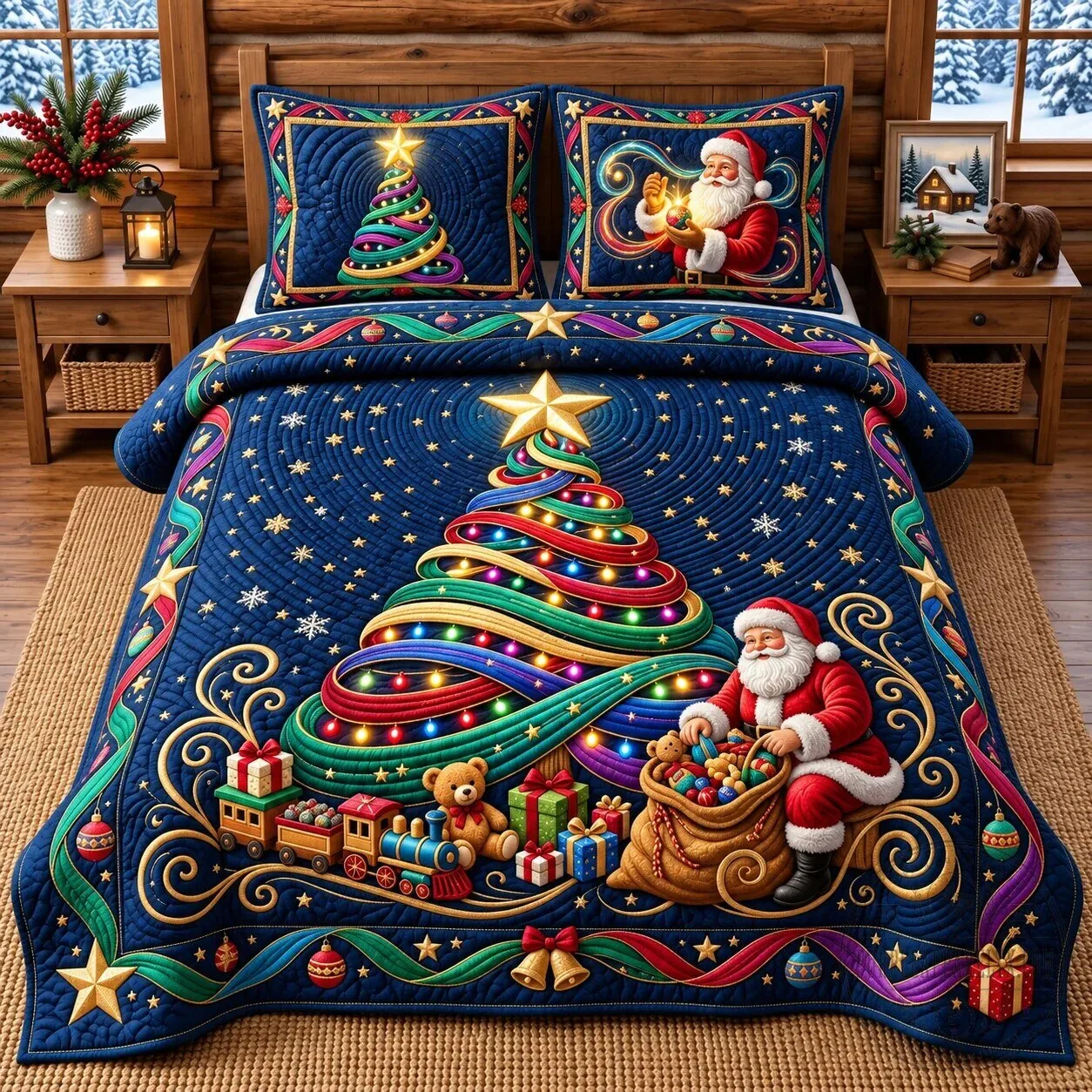 Christmas Tree and Santa Claus Quilted Bedding Set