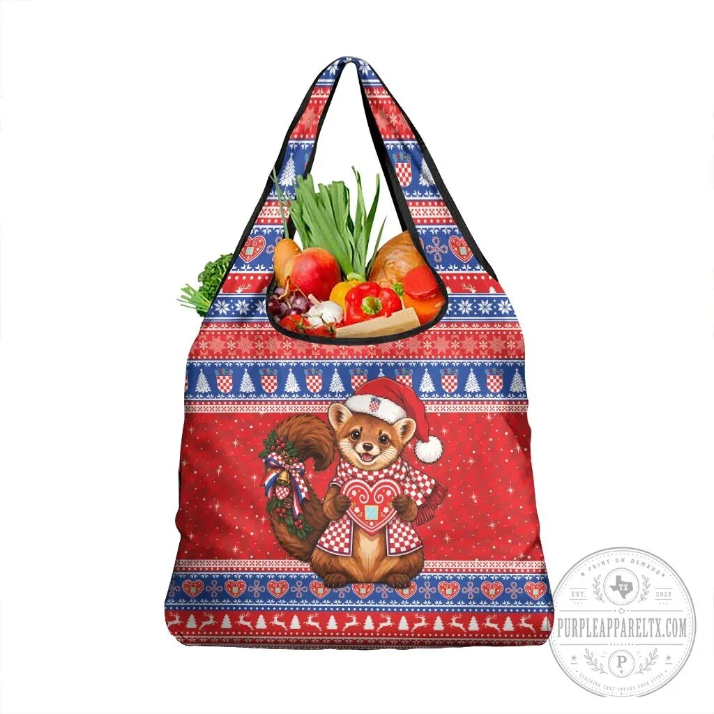 Christmas Squirrel Licitar Heart Croatian Pattern Reusable Grocery Bag