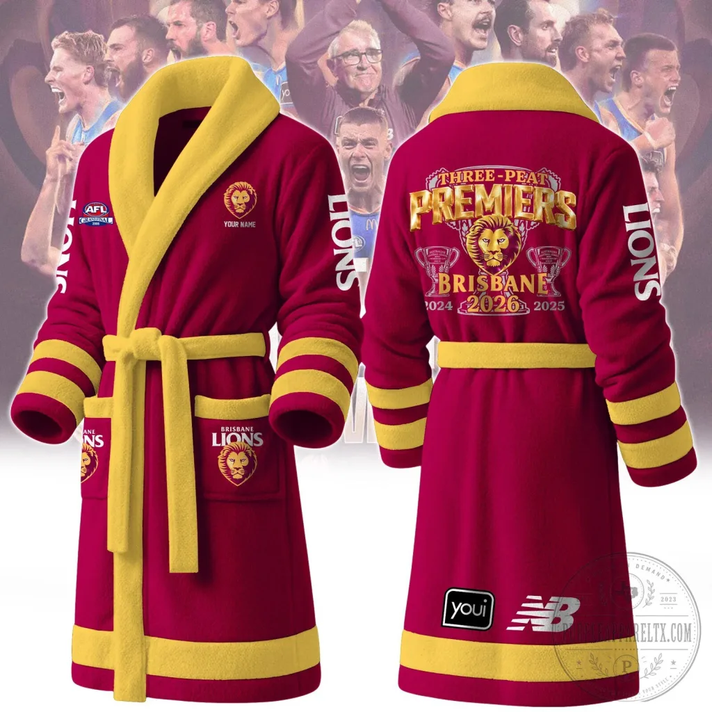 Brisbane Lions AFL Three-Peat Premiers Personalized Fleece Bathrobe Brisbane Lions AFL Three-Peat Premiers Personalized Fleece Bathrobe